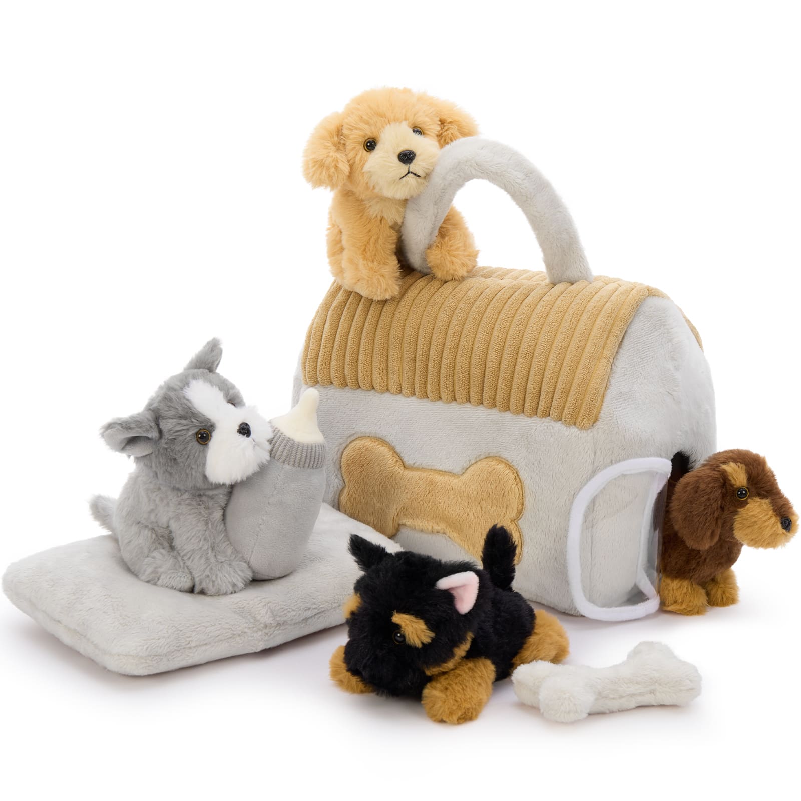 Plush Puppy Playset with Dog House – 8 Piece Stuffed Animal Toy Set for Kids