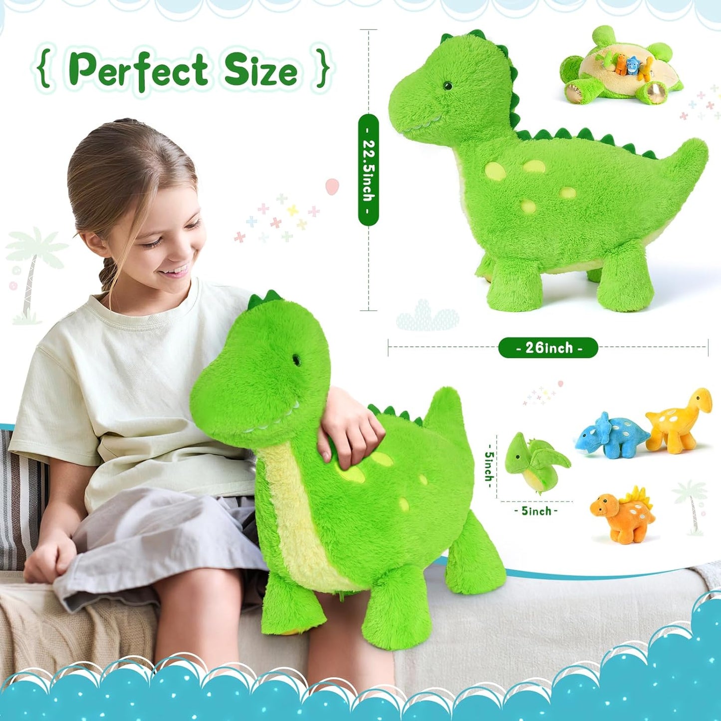 Dinosaur Stuffed Animals Bulk, Green, 26 Inches - Baby Stuffed Animals with Their Moms - Cartoon Dinosaur Plush Pillows for Kids - Christmas/Birthday/Baby Shower/Easter/Graduation/Easter Gift Ideas