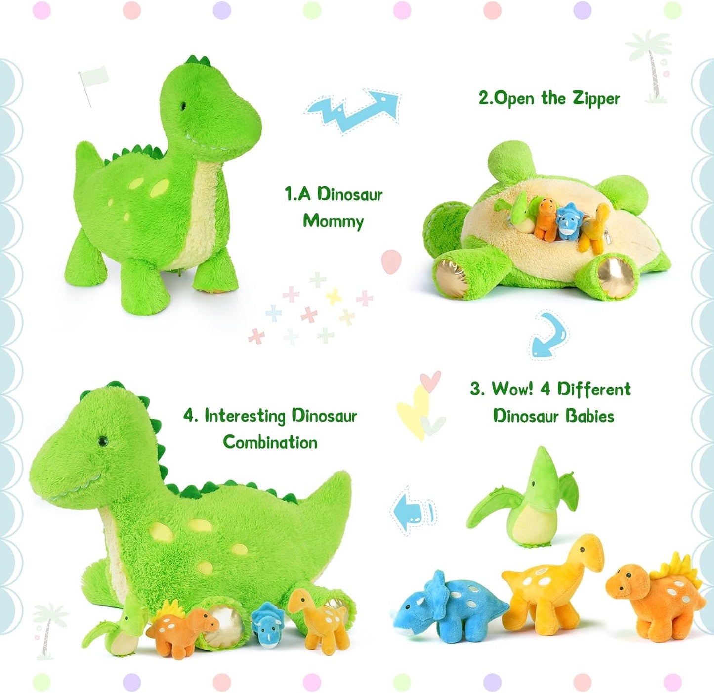 Dinosaur Stuffed Animals Bulk, Green, 26 Inches - Baby Stuffed Animals with Their Moms - Cartoon Dinosaur Plush Pillows for Kids - Christmas/Birthday/Baby Shower/Easter/Graduation/Easter Gift Ideas