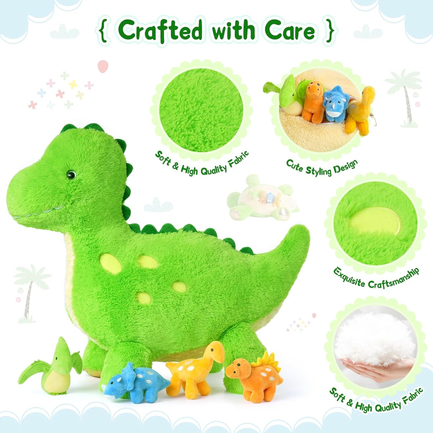 Dinosaur Stuffed Animals Bulk, Green, 26 Inches - Baby Stuffed Animals with Their Moms - Cartoon Dinosaur Plush Pillows for Kids - Christmas/Birthday/Baby Shower/Easter/Graduation/Easter Gift Ideas