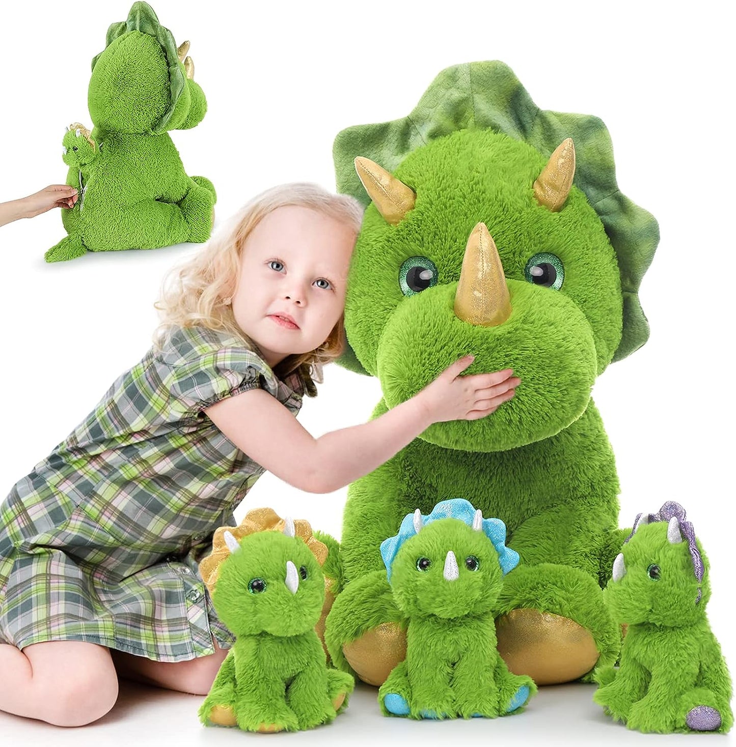 Triceratops Stuffed Animals Bulk - 4 Pcs Green Dinosaur Plush Toys - Stuffed Animal Babies with Their Mom - Mini Dinosaur Babies Plush for Little Girls Boys - Kids Jurassic Park Pretend Play Games