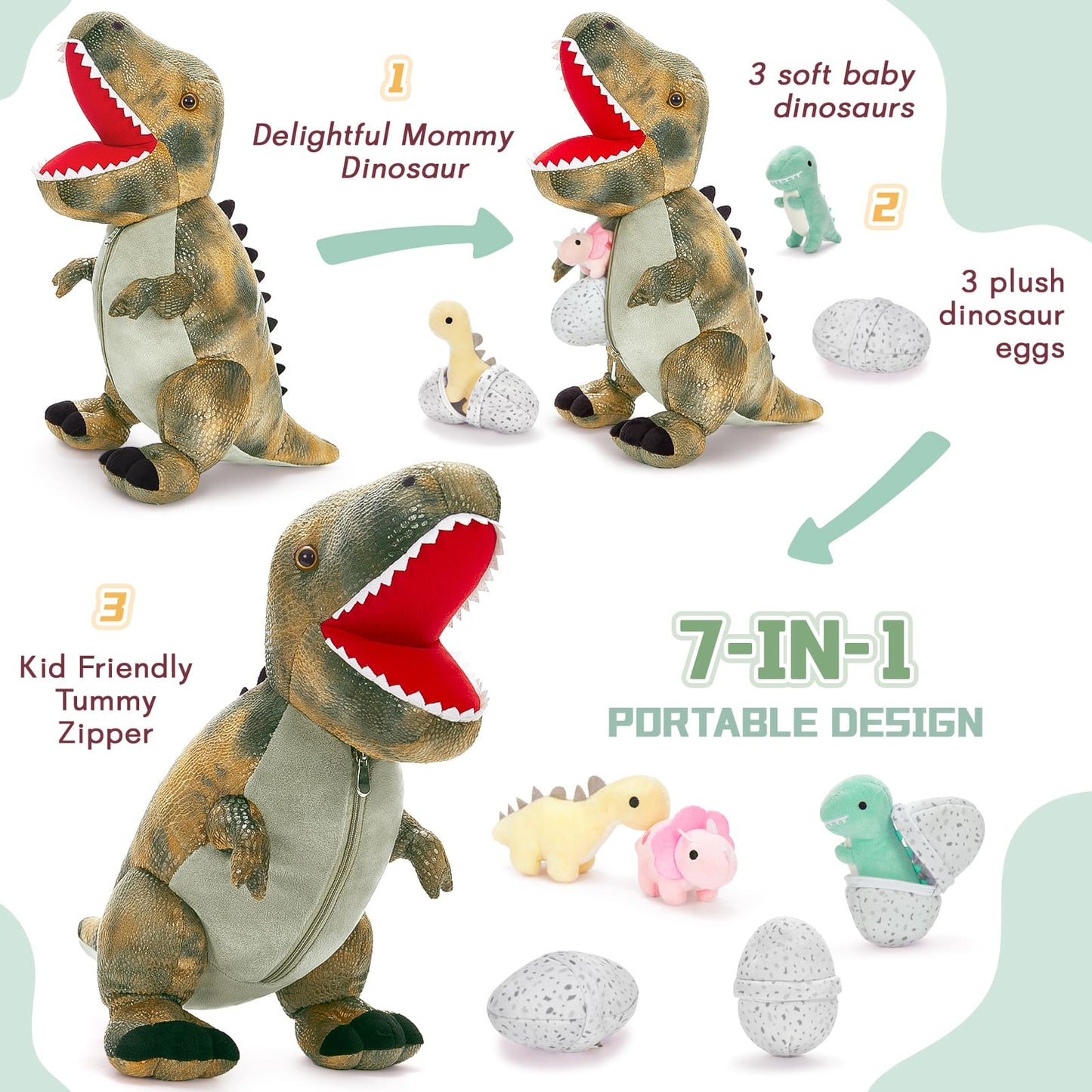 Dinosaur Stuffed Toy with 3 Baby Dinosaurs, Grey, 23.6 Inches