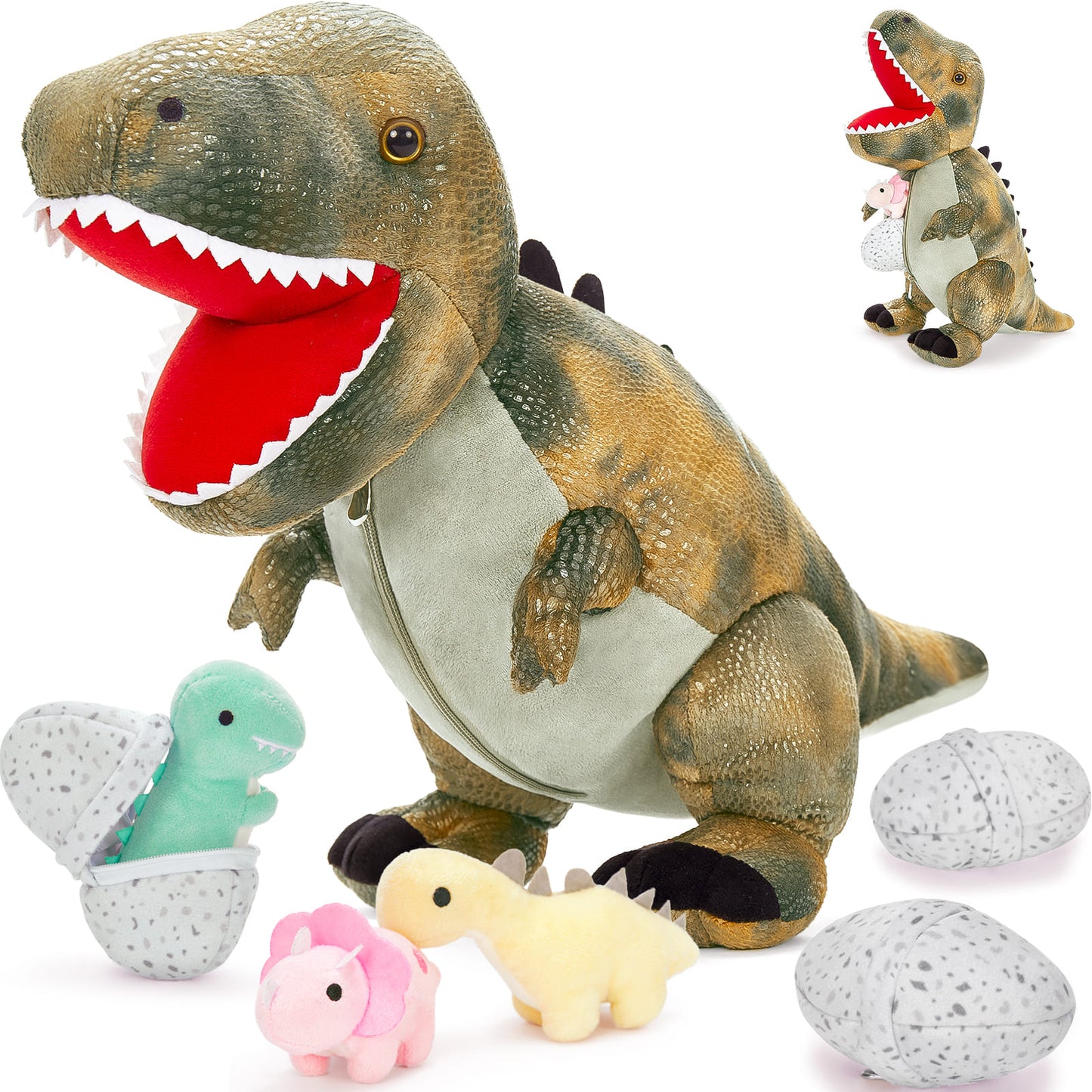 Dinosaur Stuffed Toy with 3 Baby Dinosaurs, Grey, 23.6 Inches