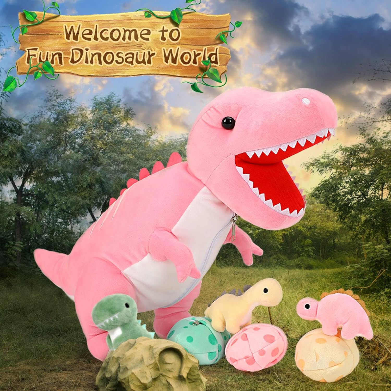 Dinosaurier-Stofftier mit 3 Baby-Dinosauriern, 23,6 Zoll