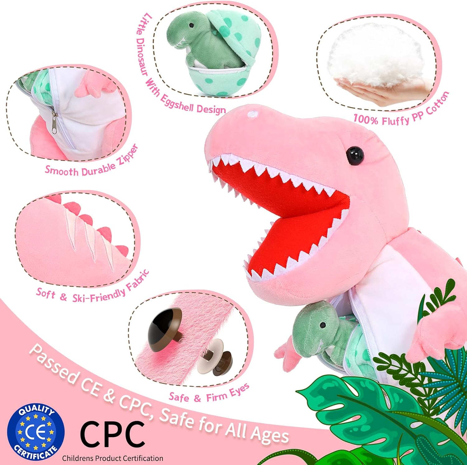 Dinosaur Stuffed Toy with 3 Baby Dinosaurs, Green/Pink, 23.6 Inches