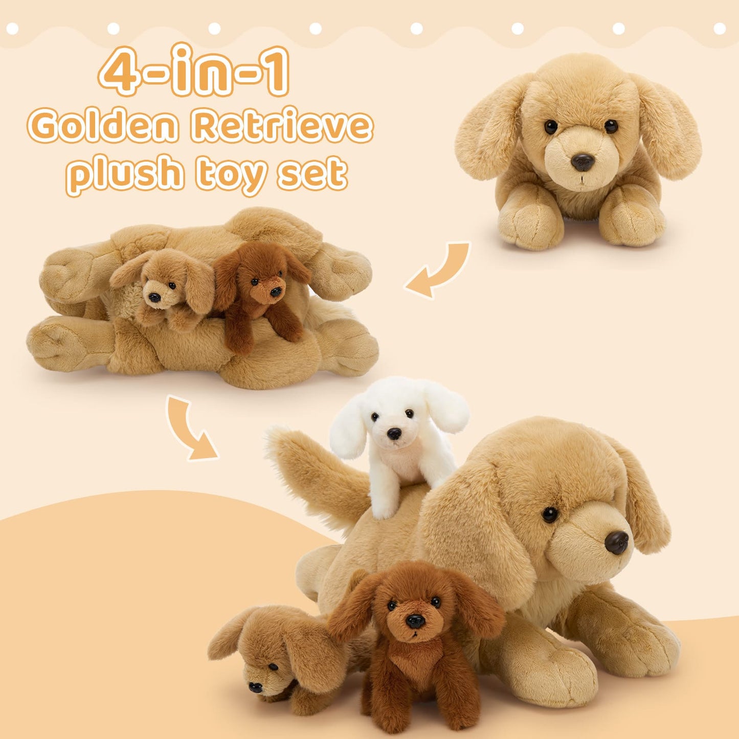 Lifelike Golden Retriever Stuffed Animals - Three Cute Puppy Stuffed Animal Babies with Their Mom - 18 InchesDog Plush Toys - Birthday/Christmas/Baby Shower/Valentine's Day Gift Ideas - Free Shipping