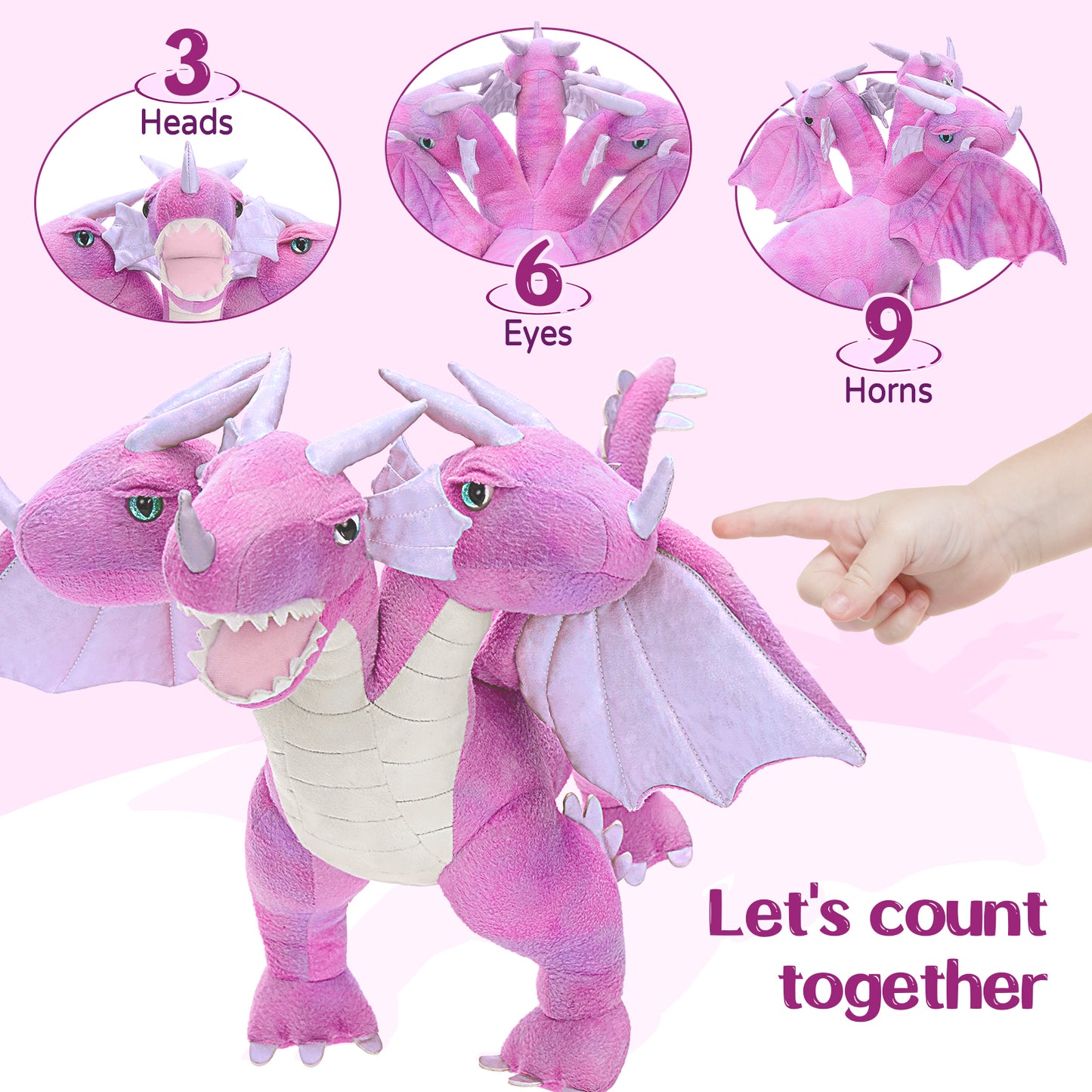 Triple-Headed Flying Dragon Plush Toys, Grey/Pink, 21.6 Inches