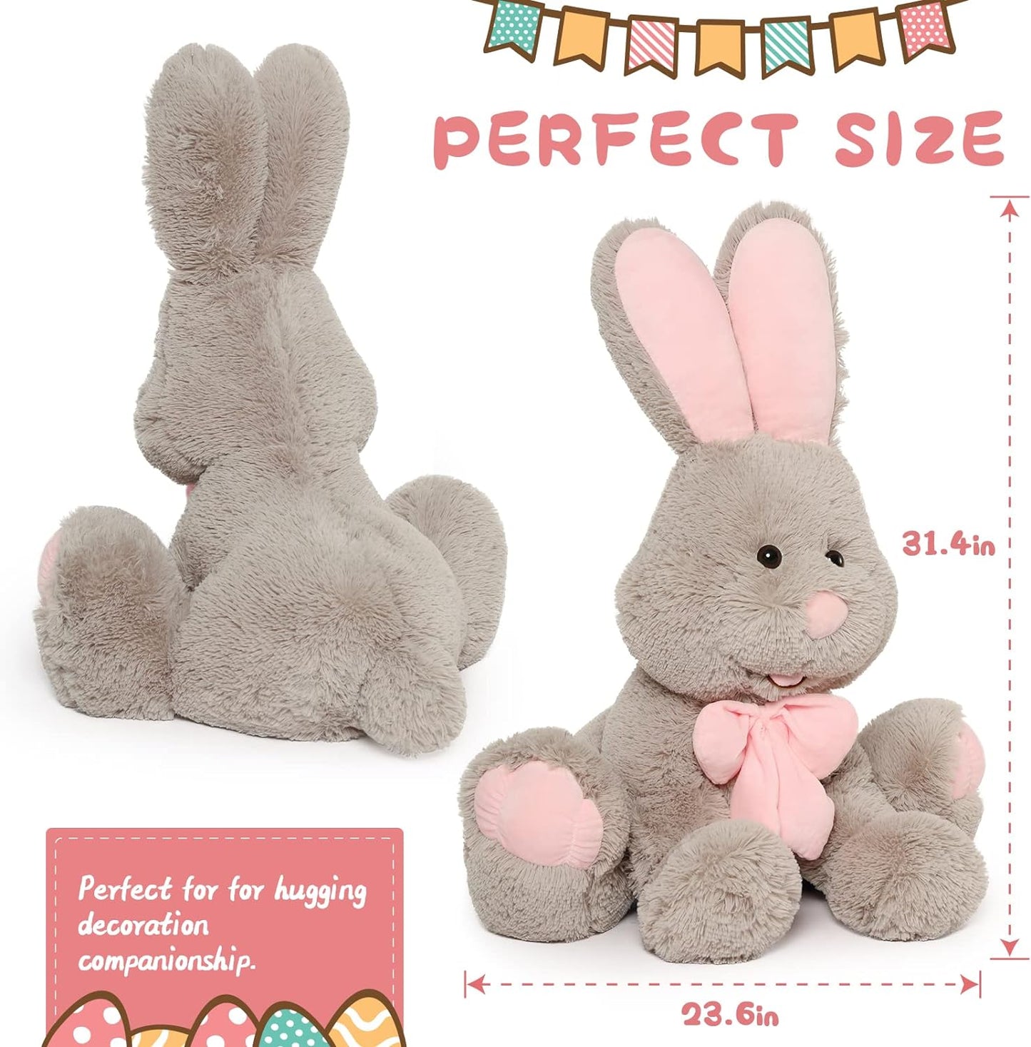 Cute Easter Bunny Plush Toys - Big Rabbit Stuffed Animals with A Pink Bow - Easter Gift for Kids Teens Adults - Cute Cartoon Bunny Plush Pillows 31 Inches - Birthday Gift for Friends