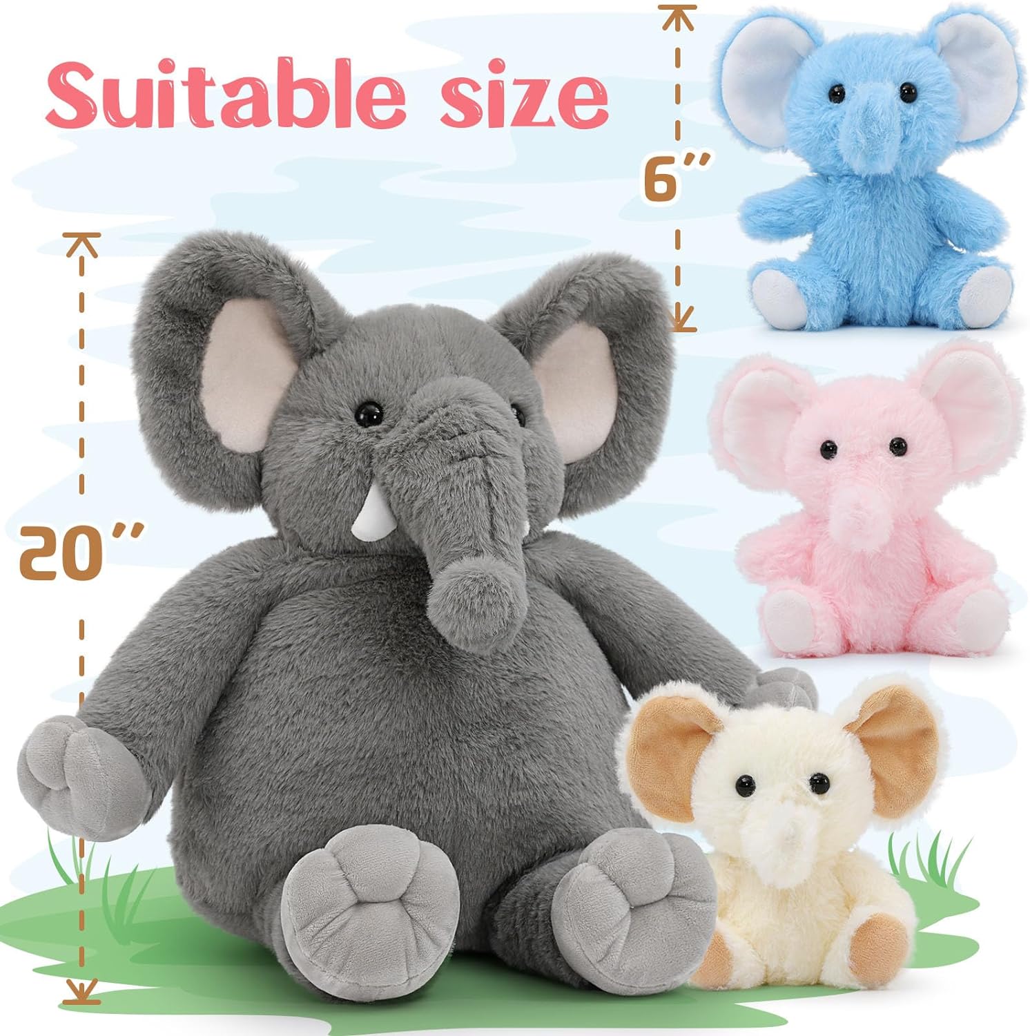 Ensemble de jouets en peluche éléphant, gris, 20 pouces