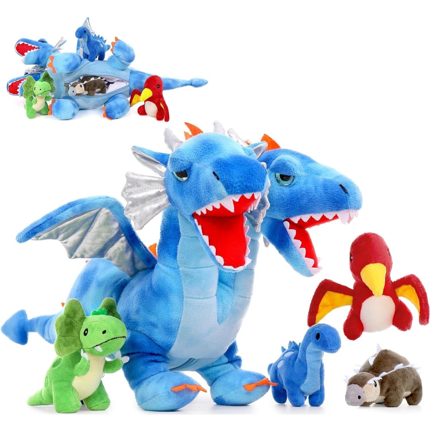 Blue Flying Dragon Plush Toys - Dragon Stuffed Animals with Babies in the Belly - Lifelike Double-headed Dragon Plush Dolls - Stuffed Animal Babies with Their Mom - Cool Plush Dolls for Boys Kids - Birthday/Christmas/Easter Gift ideas for children