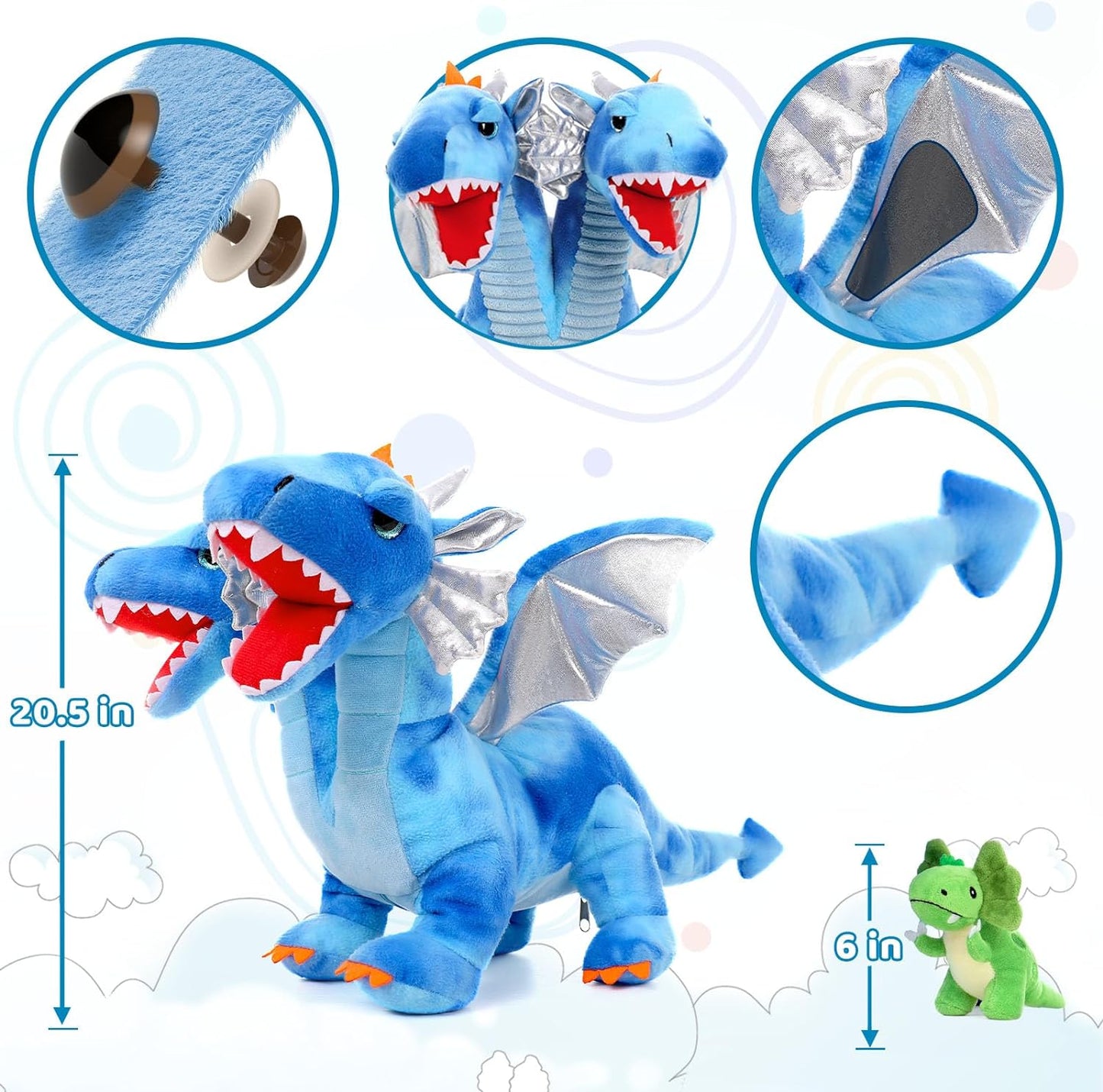 Blue Flying Dragon Plush Toys - Dragon Stuffed Animals with Babies in the Belly - Lifelike Double-headed Dragon Plush Dolls - Stuffed Animal Babies with Their Mom - Cool Plush Dolls for Boys Kids - Birthday/Christmas/Easter Gift ideas for children