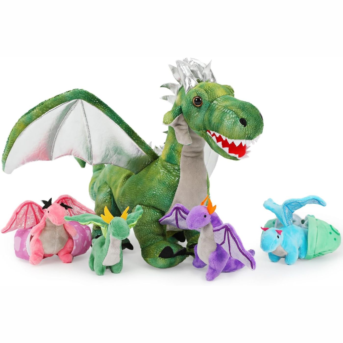 Flying Dragon Stuffed Toy Set, 21.6 Inches You'll absolutely love our marvelous Flying Dragon Plush Toy. It arrives with 4 cool mini dragon plushies and 2 adorable dragon eggs. This plushie set is made from the softest faux fur and plush PP cotton filling, not just making it look impressive but also making it cuddly. A fantastic present for anyone who loves stuffed toys!