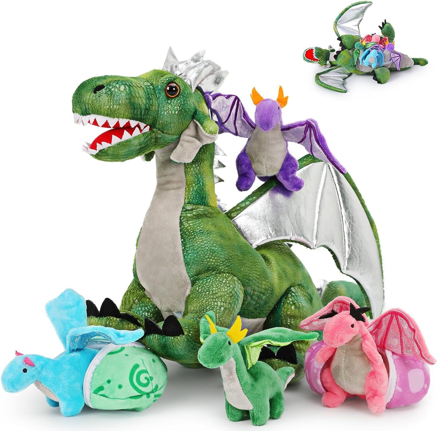 Flying Dragon Stuffed Toy Set, 21.6 InchesYou'll absolutely love our marvelous Flying Dragon Plush Toy. It arrives with 4 cool mini dragon plushies and 2 adorable dragon eggs. This plushie set is made from the softest faux fur and plush PP cotton filling, not just making it look impressive but also making it cuddly. A fantastic present for anyone who loves stuffed toys!