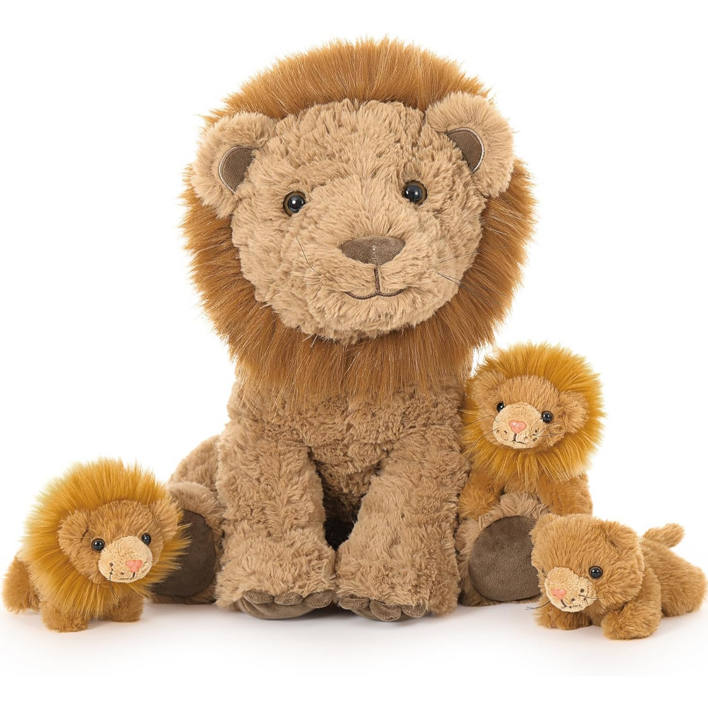 The lion plush toy is adorned with a majestic mane encircling its head, making it look quite imposing. Its bright eyes and friendly smile give it a cute and endearing appearance. And the best part? Unzip the back and find three adorable mini lions hiding inside - what a delightful surprise! Grab one for a friend who loves lions and spread some joy!