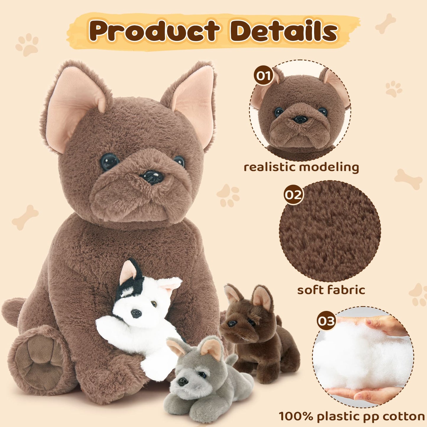 French Bulldog Stuffed Animals - 17.7 Inches Dog Plush Toys - Stuffed Animal Babies with Their Mom - French Bulldog Cartoon Plush Pillows - Playful Plush Toy Cuddly Ideal Gift for Kids - Stuffed Animals with Babies In the Belly