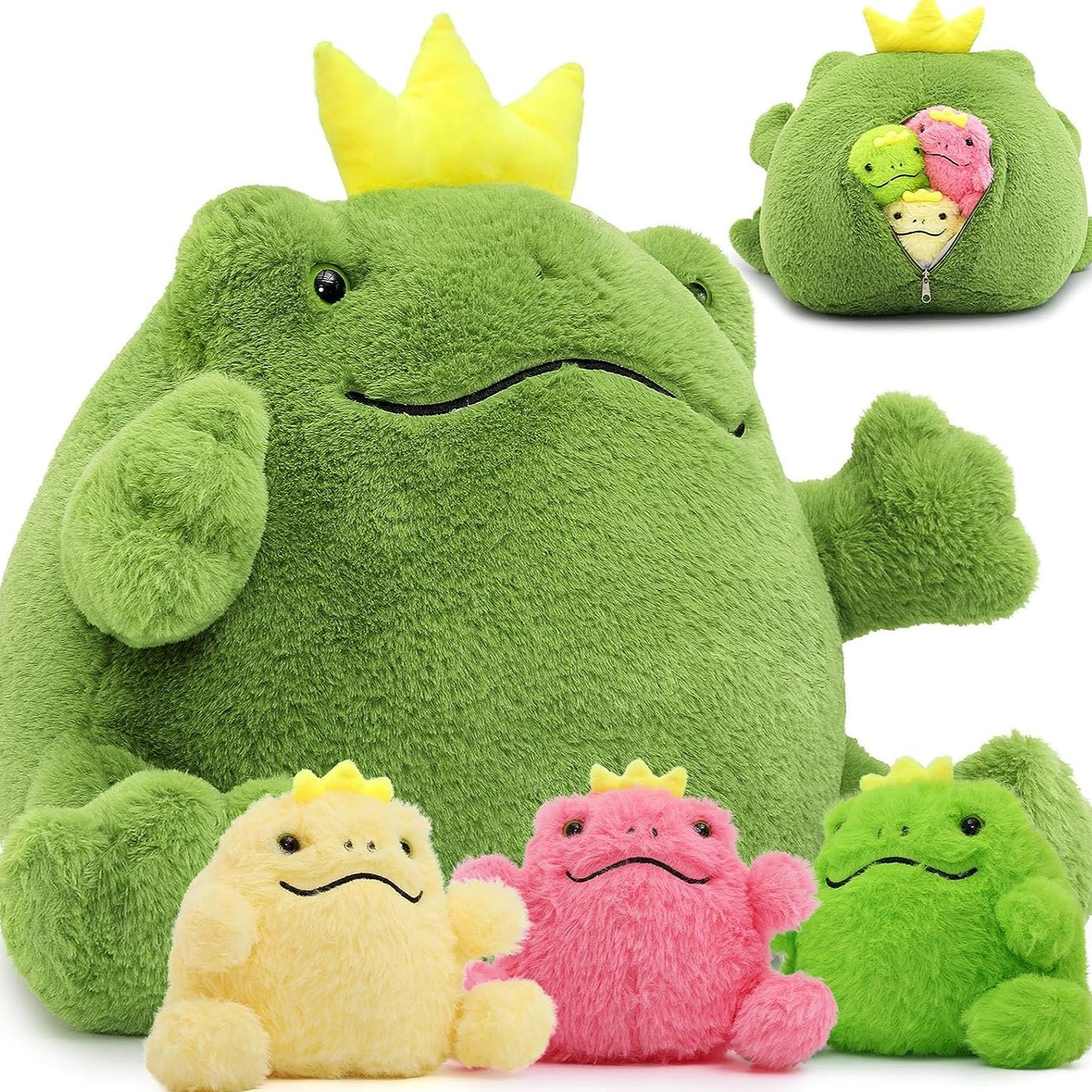 The Princess Frog Stuffed Animal Set is just adorable! In the set, you'll find one big, cuddly frog and three even more adorable miniature frog babies. Here's the fun part, these little ones come hidden inside a zipper pouch in the back of the mama frog.