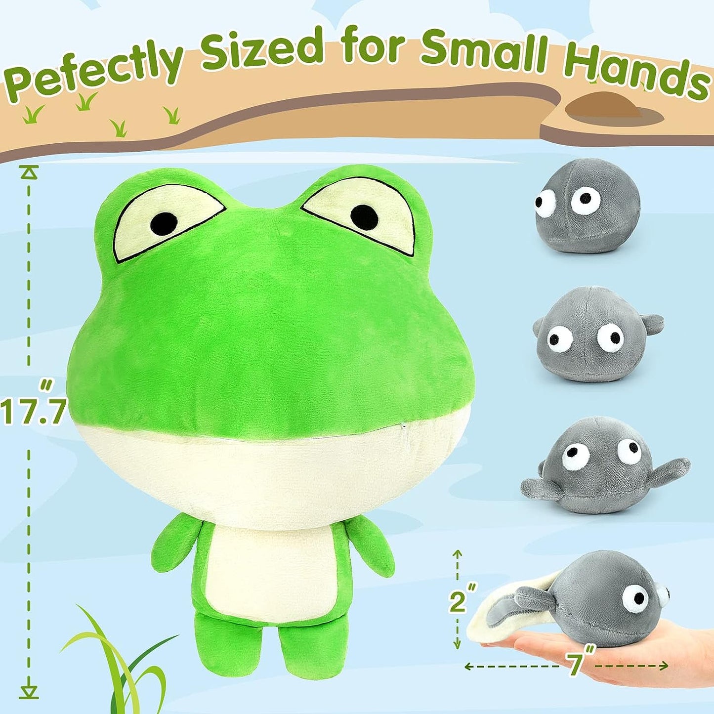 Frog Stuffed Animals - 4 Realistic Tadpole Plush Toys - Stuffed Animal Babies with Their Mom - Frog Stuffed Animals with Babies in the Mouth - Cute Cartoon Frog Plush Dolls - Birthday Christmas Gift for Kids - Frog with Tadpole Education Toys