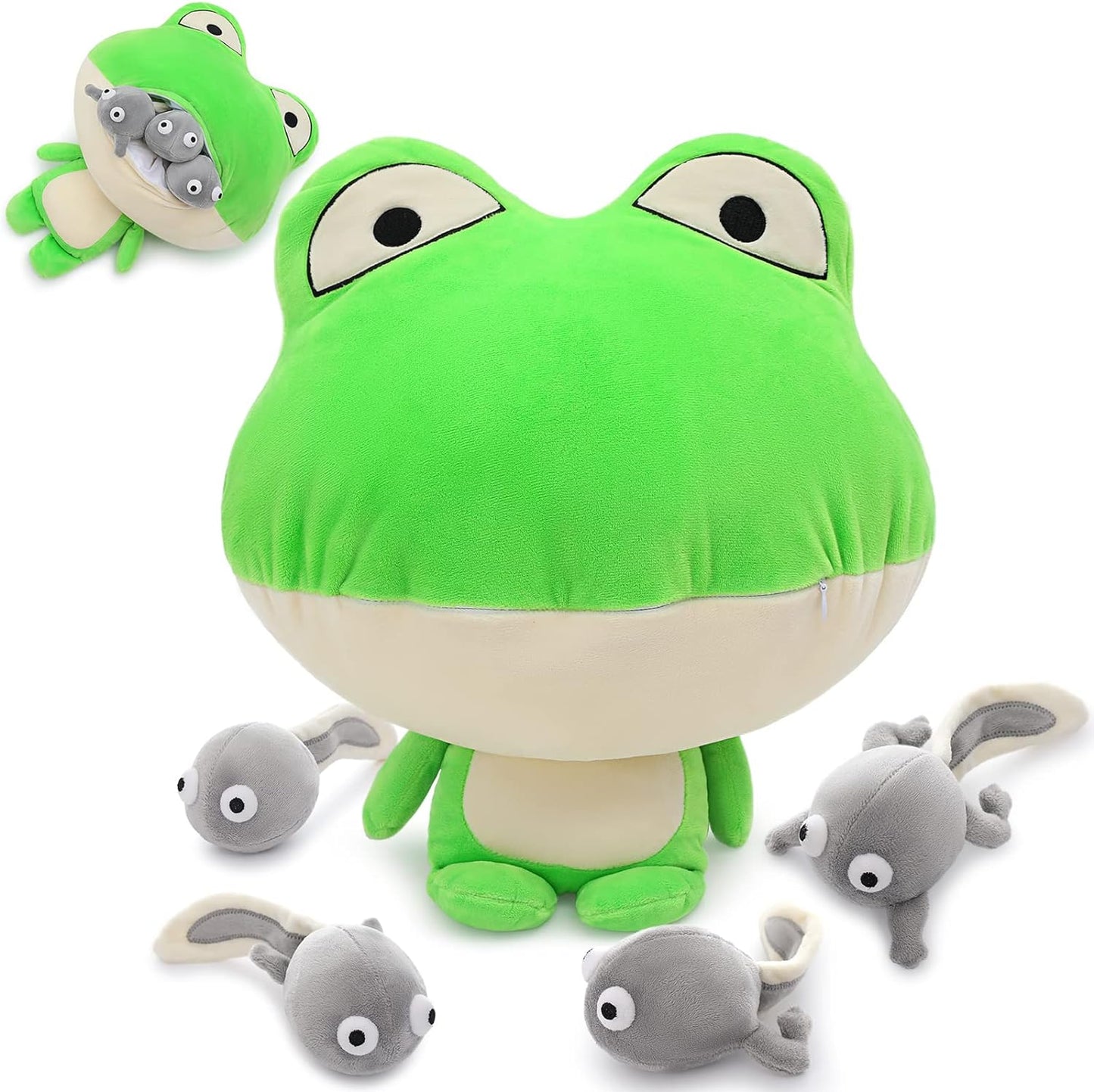 Frog Stuffed Animals - 4 Realistic Tadpole Plush Toys - Stuffed Animal Babies with Their Mom - Frog Stuffed Animals with Babies in the Mouth - Cute Cartoon Frog Plush Dolls - Birthday Christmas Gift for Kids - Frog with Tadpole Education Toys