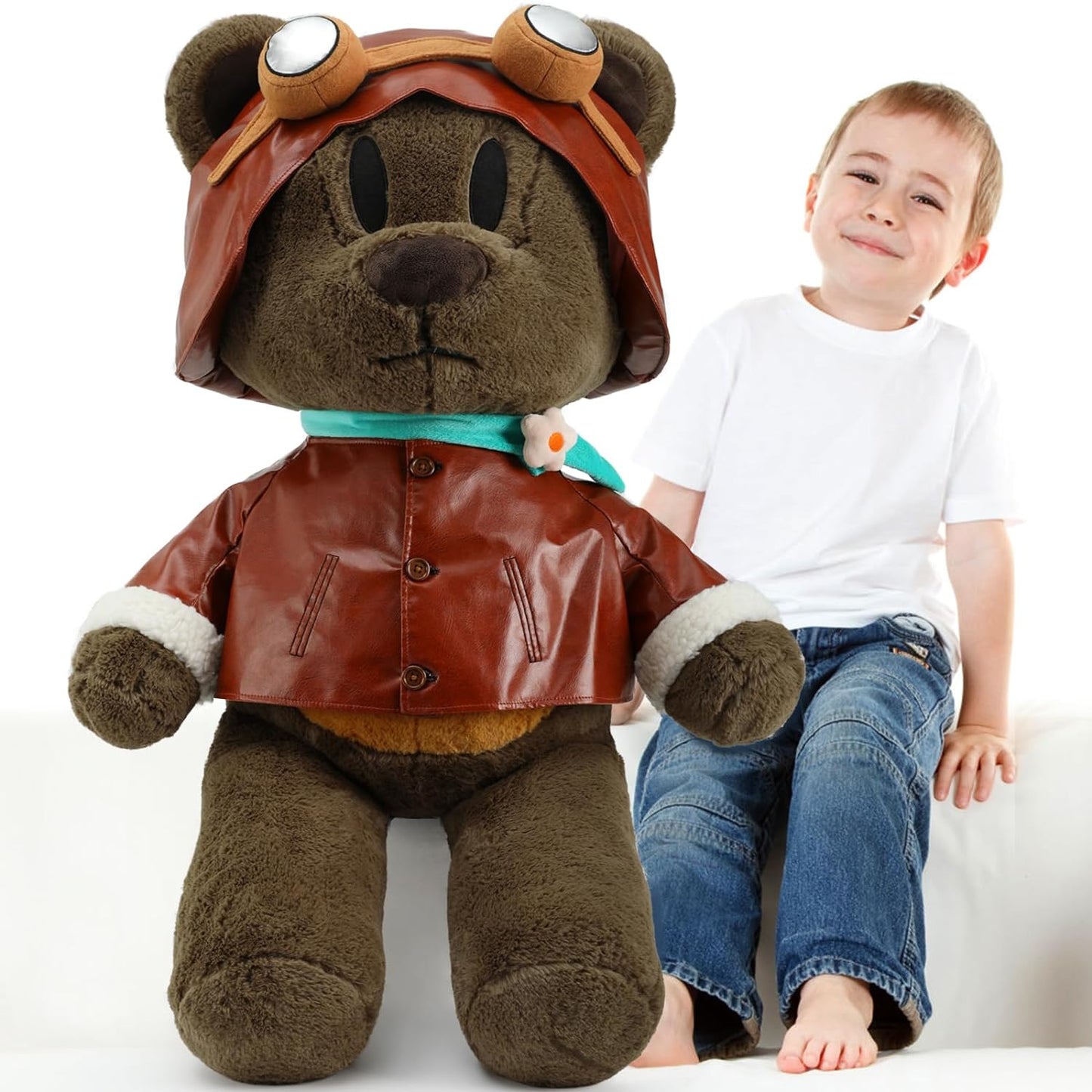 Original Giant Teddy Bear Plush Toy - Dark Brown 35 Inches Teddy Bear Plush with A Leather Pilot Jacket and Leather Hat - Make Your Own Teddy Bear Stuffed Animals - Christmas/Birthday Gift Ideas