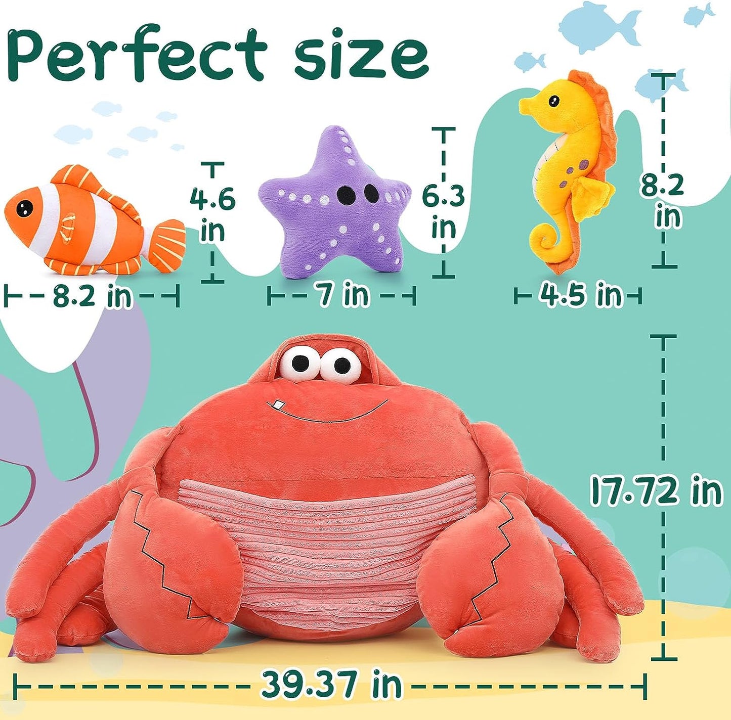 Giant Crab Stuffed Animals, 39 Inches - Seahorse/Starfish/Anemone Fish Plush Toys - Weighted Cartoon Soft Throw Pillows - Cozy Cushion Plush Pillows - Christmas/Birthday/Baby Shower/Easter/Thanksgiving/Halloween Gift