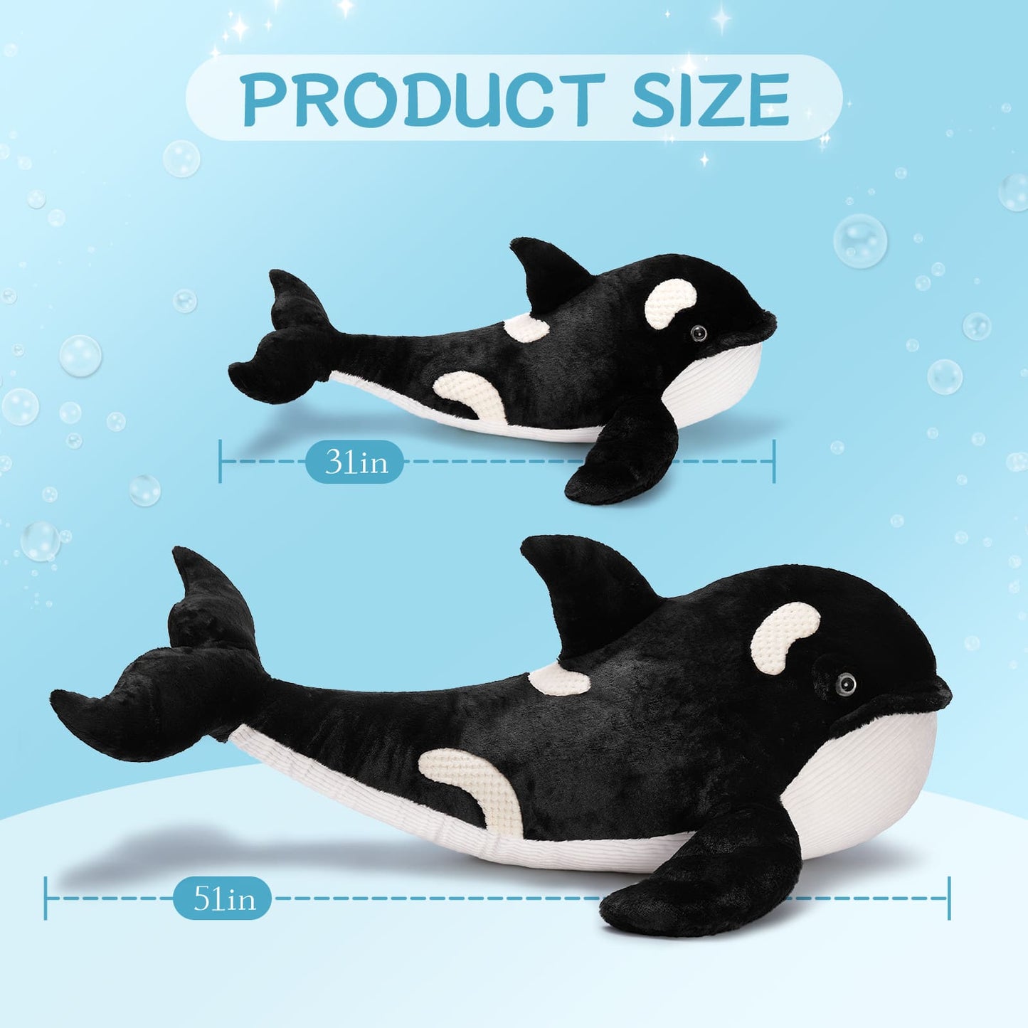 Giant Killer Whale Plush Toy, Black, 31/51 Inches - Orca Plush Pillows - Black Fish Stuffed Animals - Cute Cartoon Ocean Animal Throw Pillows - Free Shipping