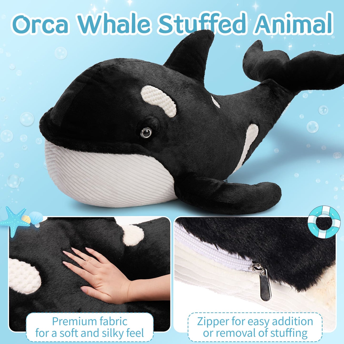 Giant Killer Whale Plush Toy, Black, 31/51 Inches - Orca Plush Pillows - Black Fish Stuffed Animals - Cute Cartoon Ocean Animal Throw Pillows - Free Shipping