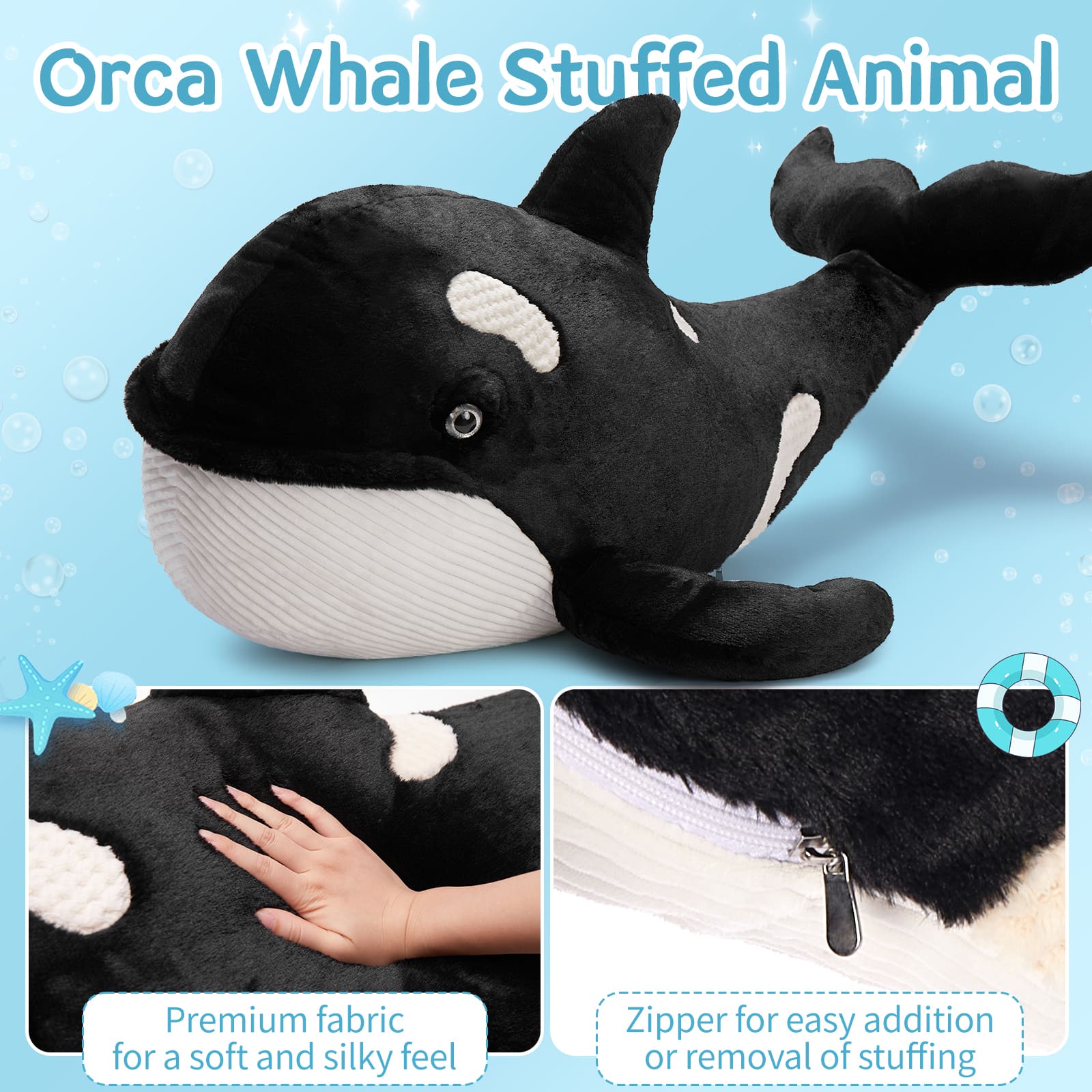 Giant Killer Whale Plush Toy, Black, 31/51 Inches