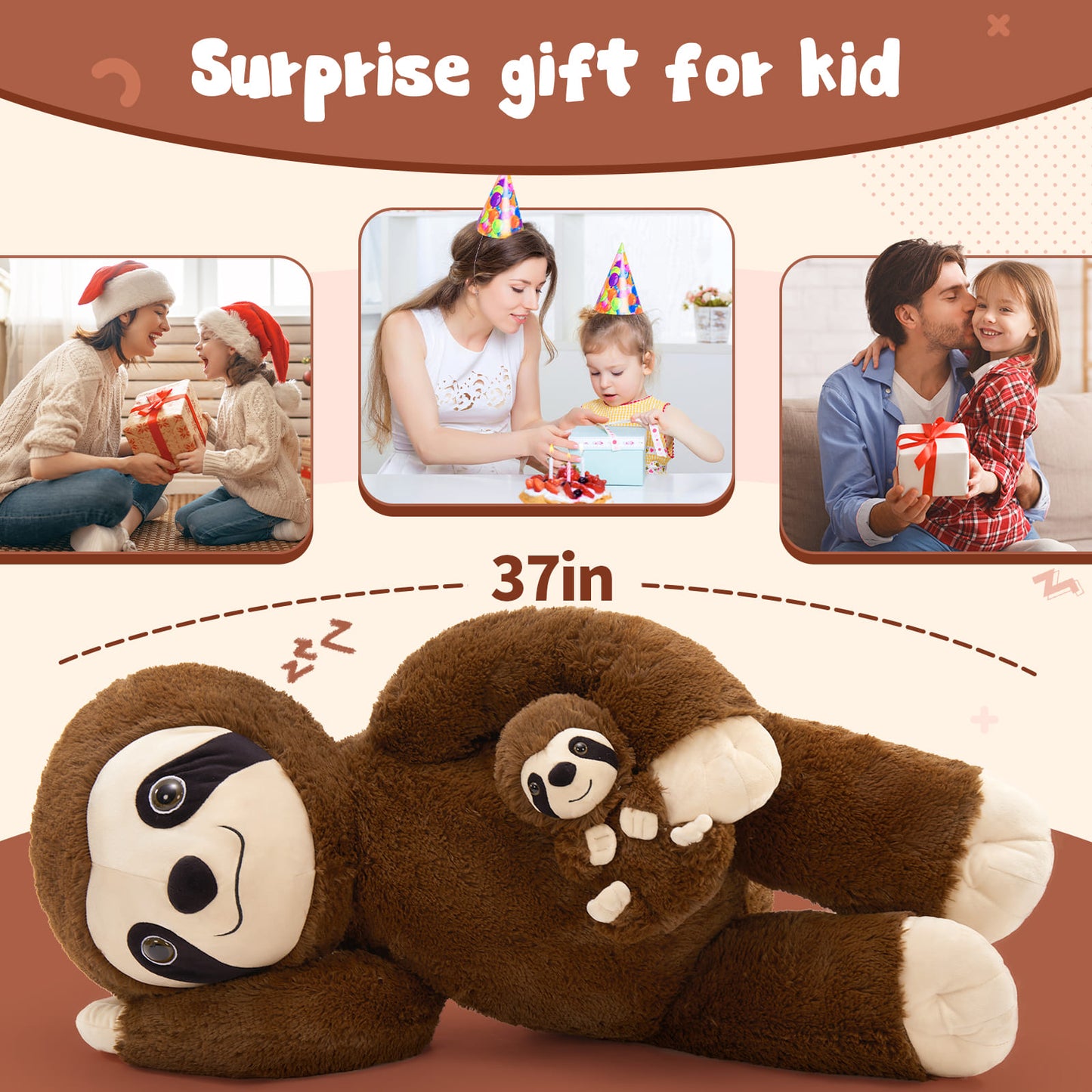 Lifelike Big Sloth Stuffed Animals, Coffee, 37 Inches