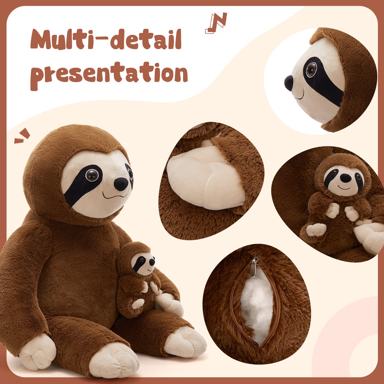 Lifelike Big Sloth Stuffed Animals, Coffee, 37 Inches