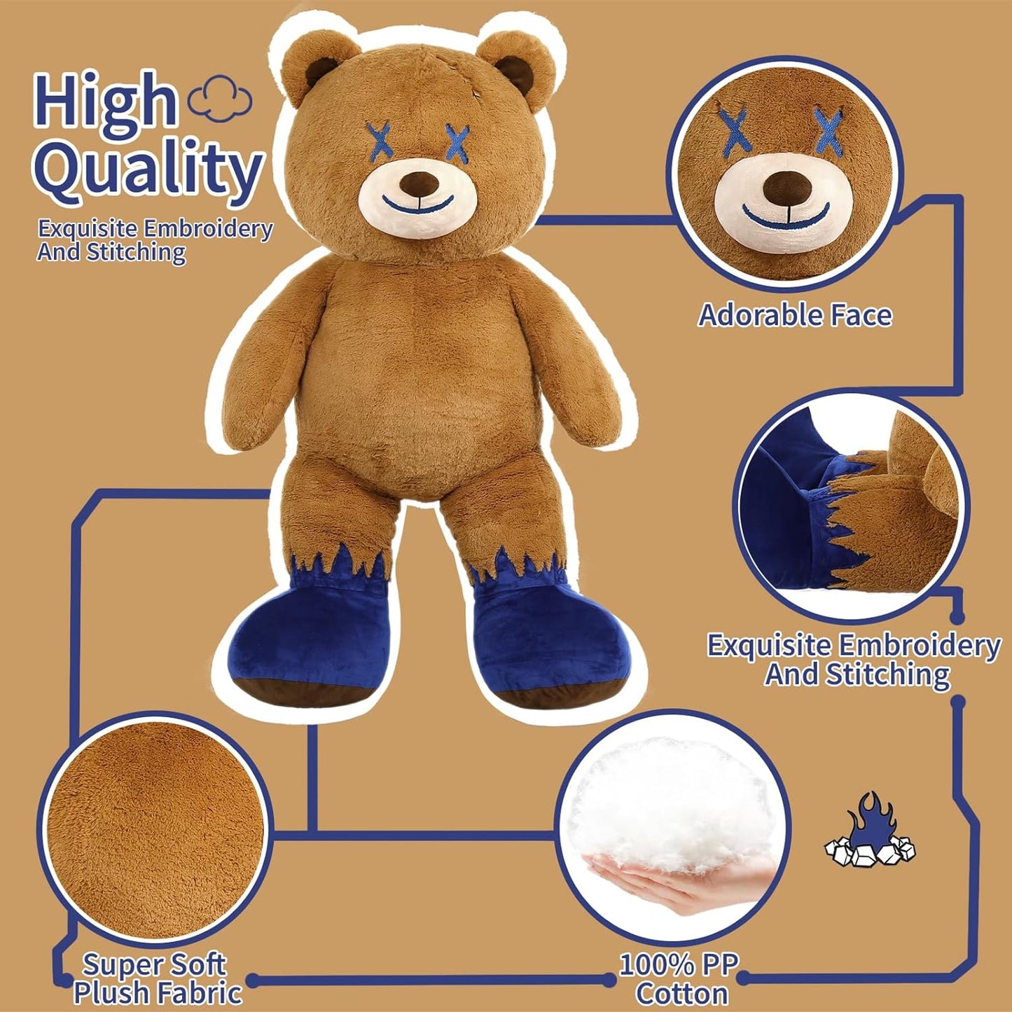 Giant Teddy Bear Plush Toy, Brown, 47 Inches
