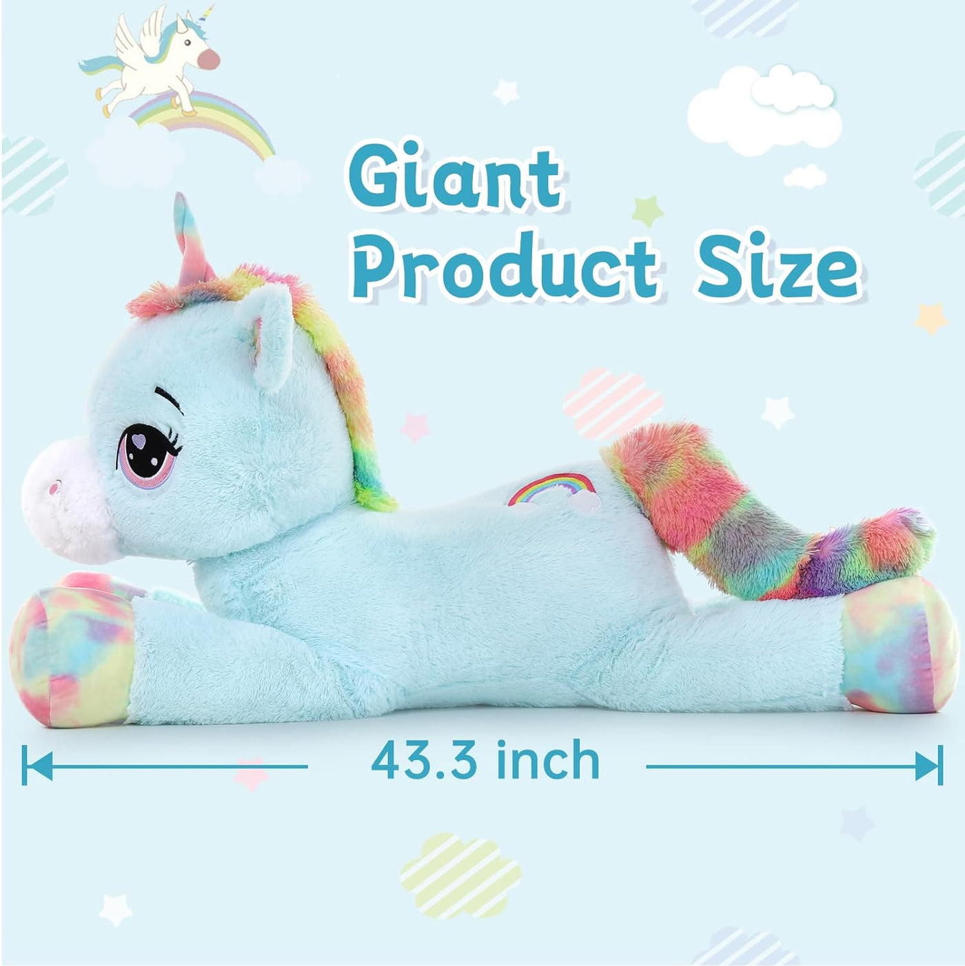 Giant Unicorn Plush Toy, Blue, 43.3 Inches