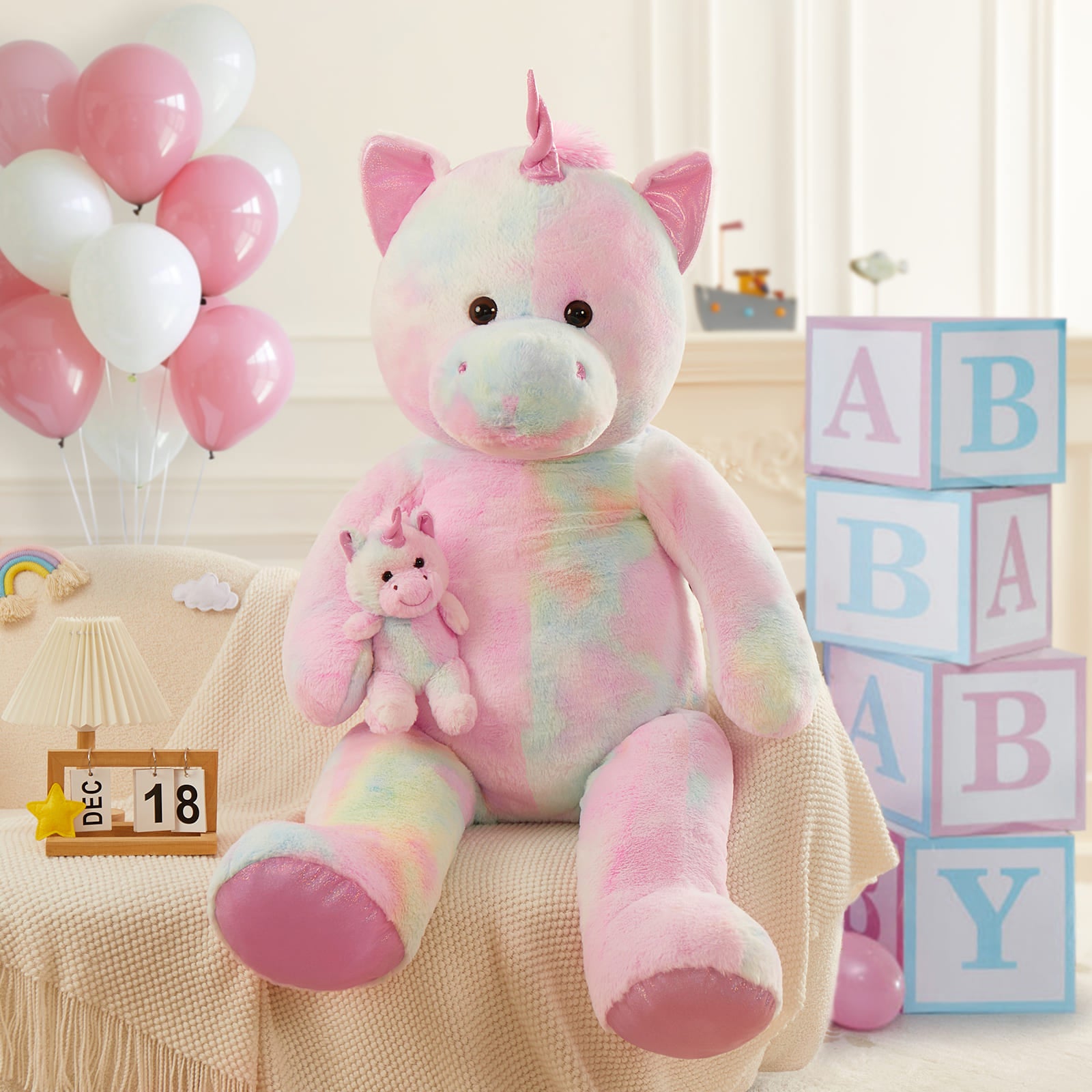 Jouet en peluche licorne géante, rose, 51 pouces