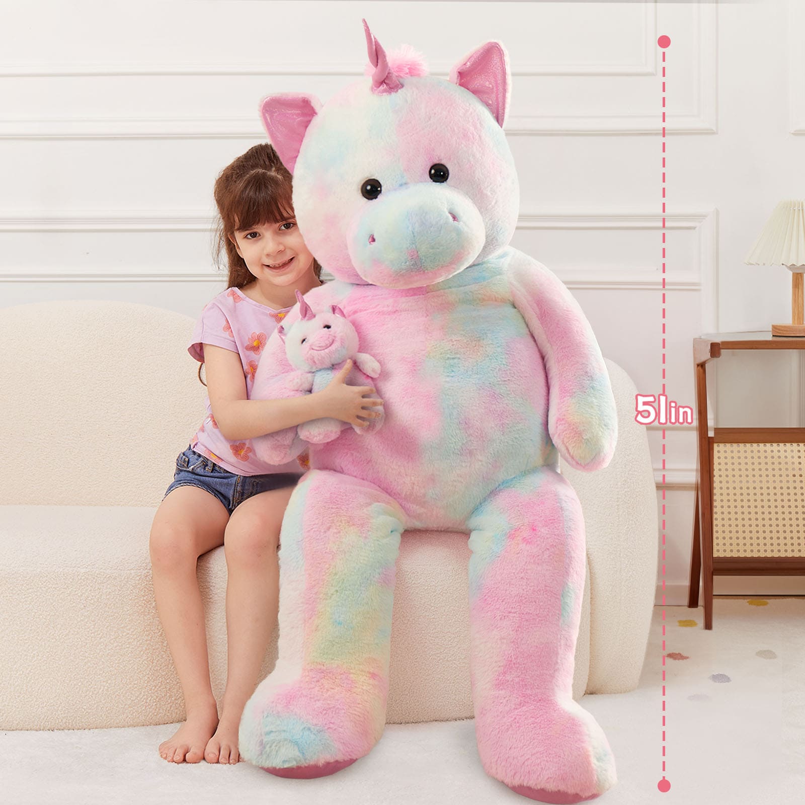 Jouet en peluche licorne géante, rose, 51 pouces