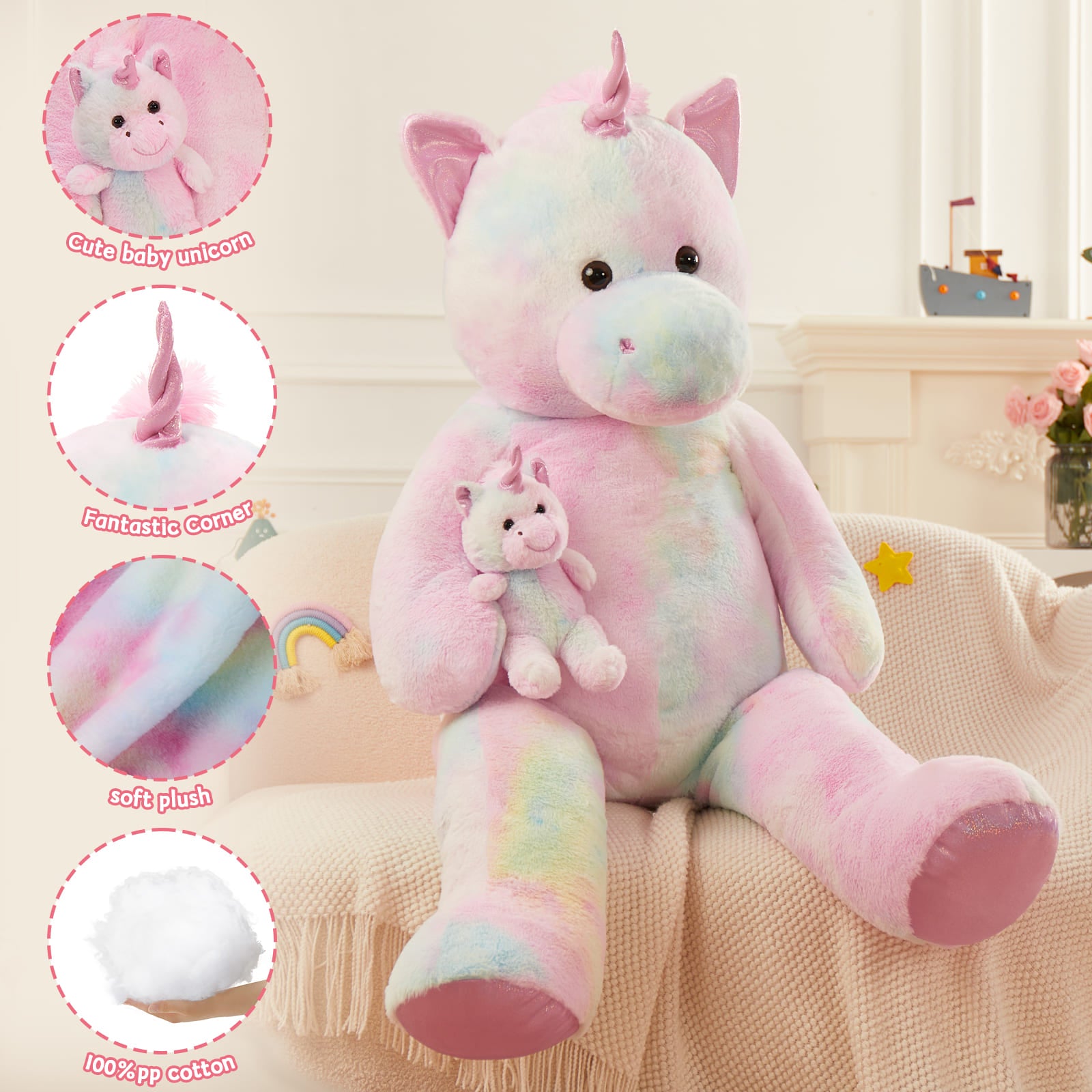 Jouet en peluche licorne géante, rose, 51 pouces