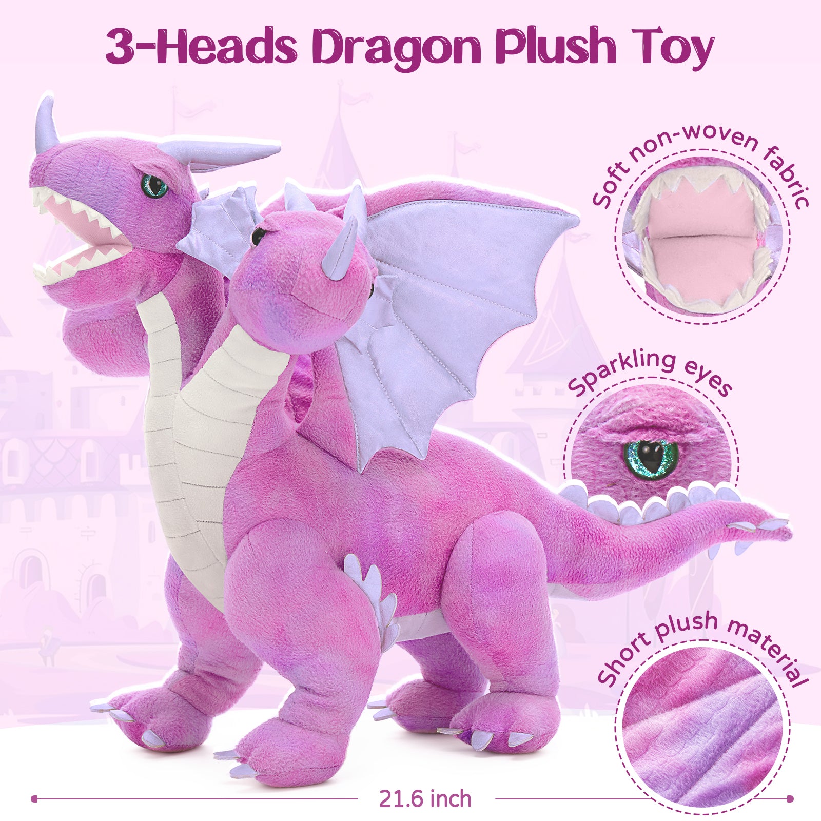Triple-Headed Flying Dragon Plush Toys, Grey/Pink, 21.6 Inches