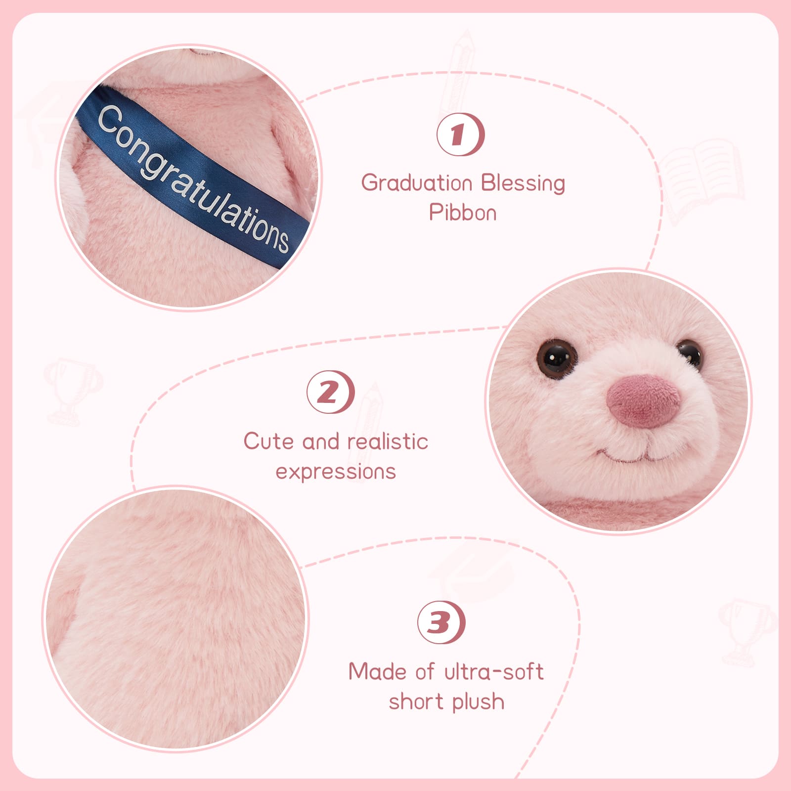 2025 Graduation Teddy Bear Plush Toys, Brown/Pink, 17.72 Inches