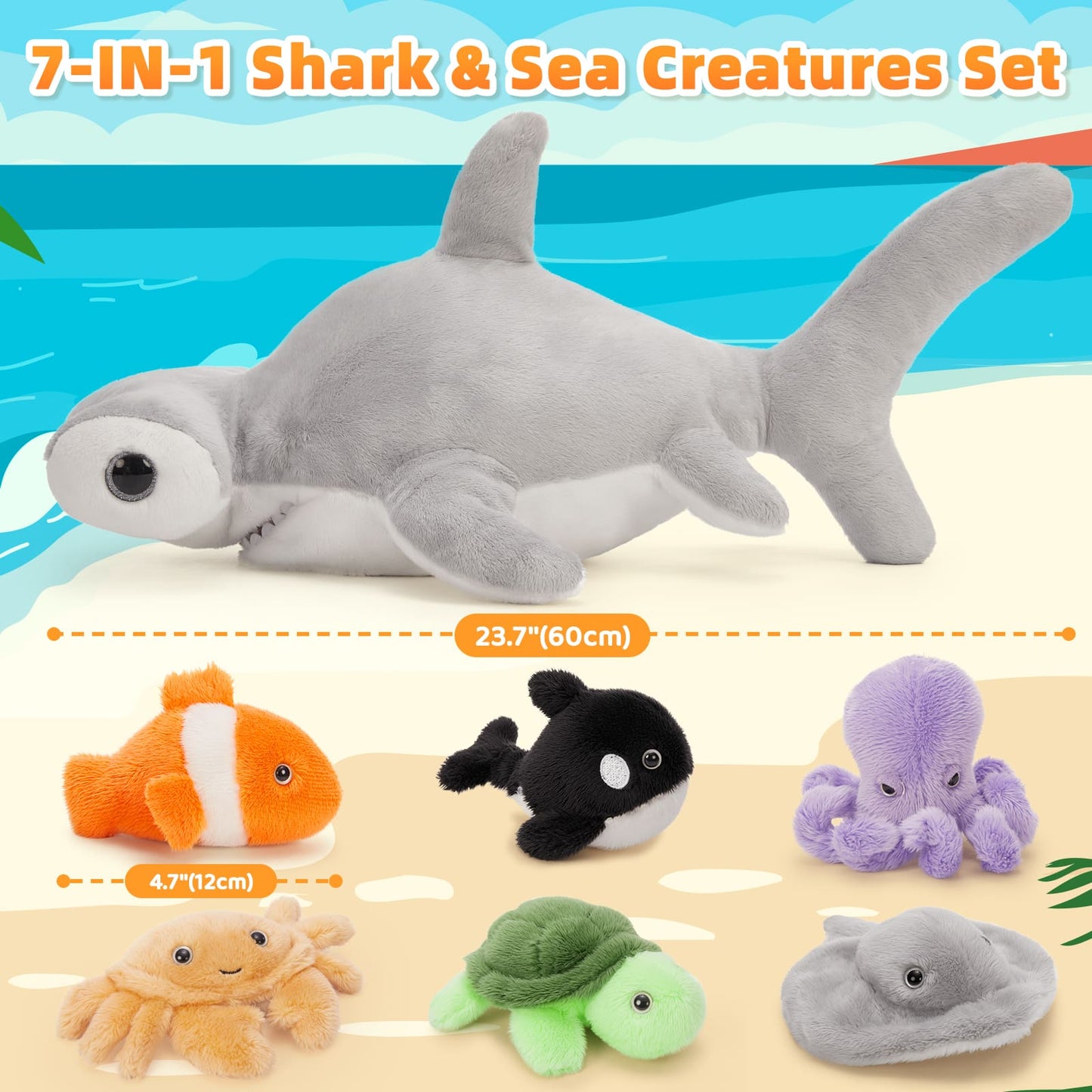 Hammerhead Shark Stuffed Animals, Grey, 23.7 Inches - Cute Mini Ocean Fish Plush Toys - Oceanarium/Aquarium Souvenirs - Christmas/Birthday/Easter Gift for Kids/Teens/Adults