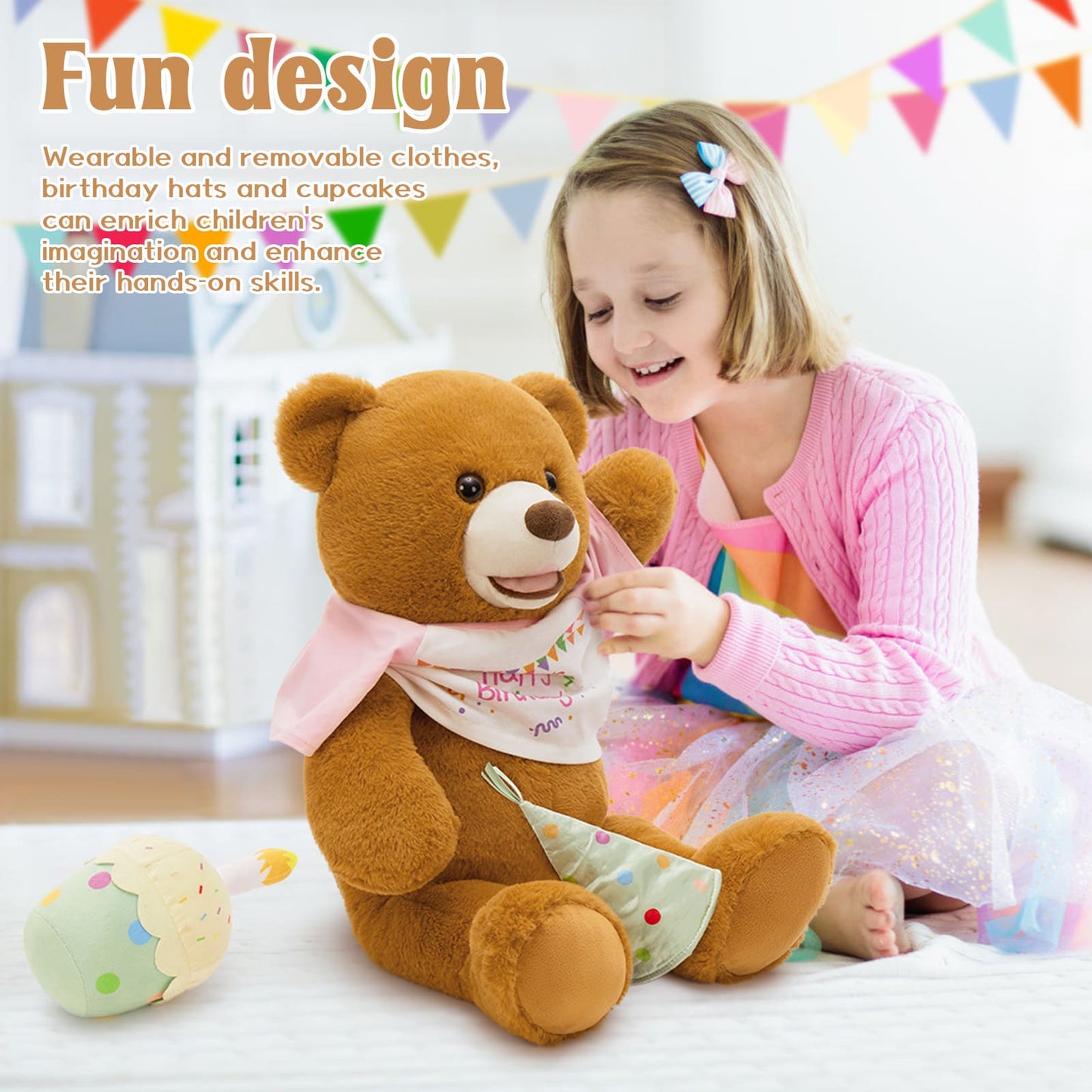 Happy Birthday Teddy Bear Plush Toys - Teddy Bear With Cake Stuffed Toys for Kids & Birthday Party Decor - Birthday Gift for Friends - Birthday Party Decorations - Bday Gift for Girls Boys - MorisMos Birthday Theme Stuffed Toys