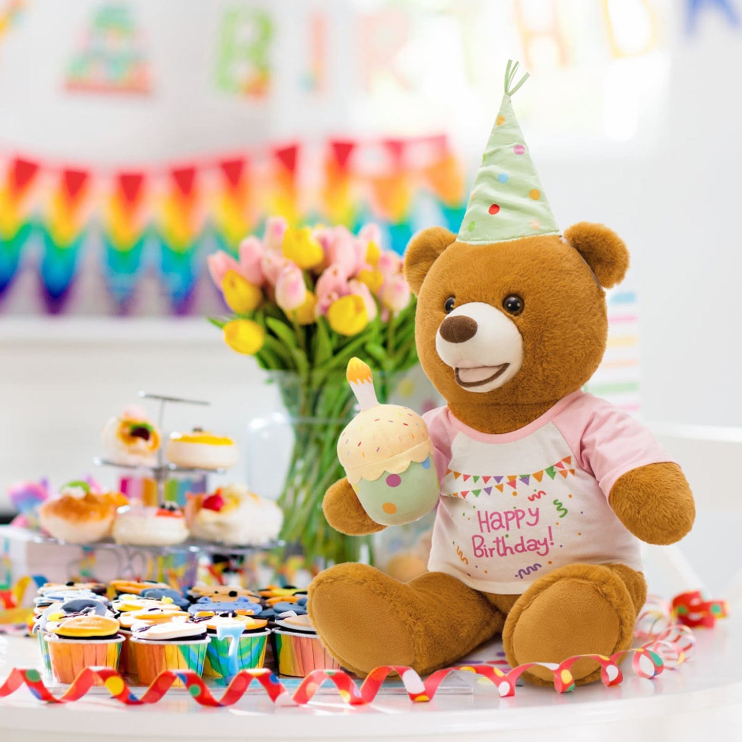 Happy Birthday Teddy Bear Plush Toys - Teddy Bear With Cake Stuffed Toys for Kids & Birthday Party Decor - Birthday Gift for Friends - Birthday Party Decorations - Bday Gift for Girls Boys - MorisMos Birthday Theme Stuffed Toys