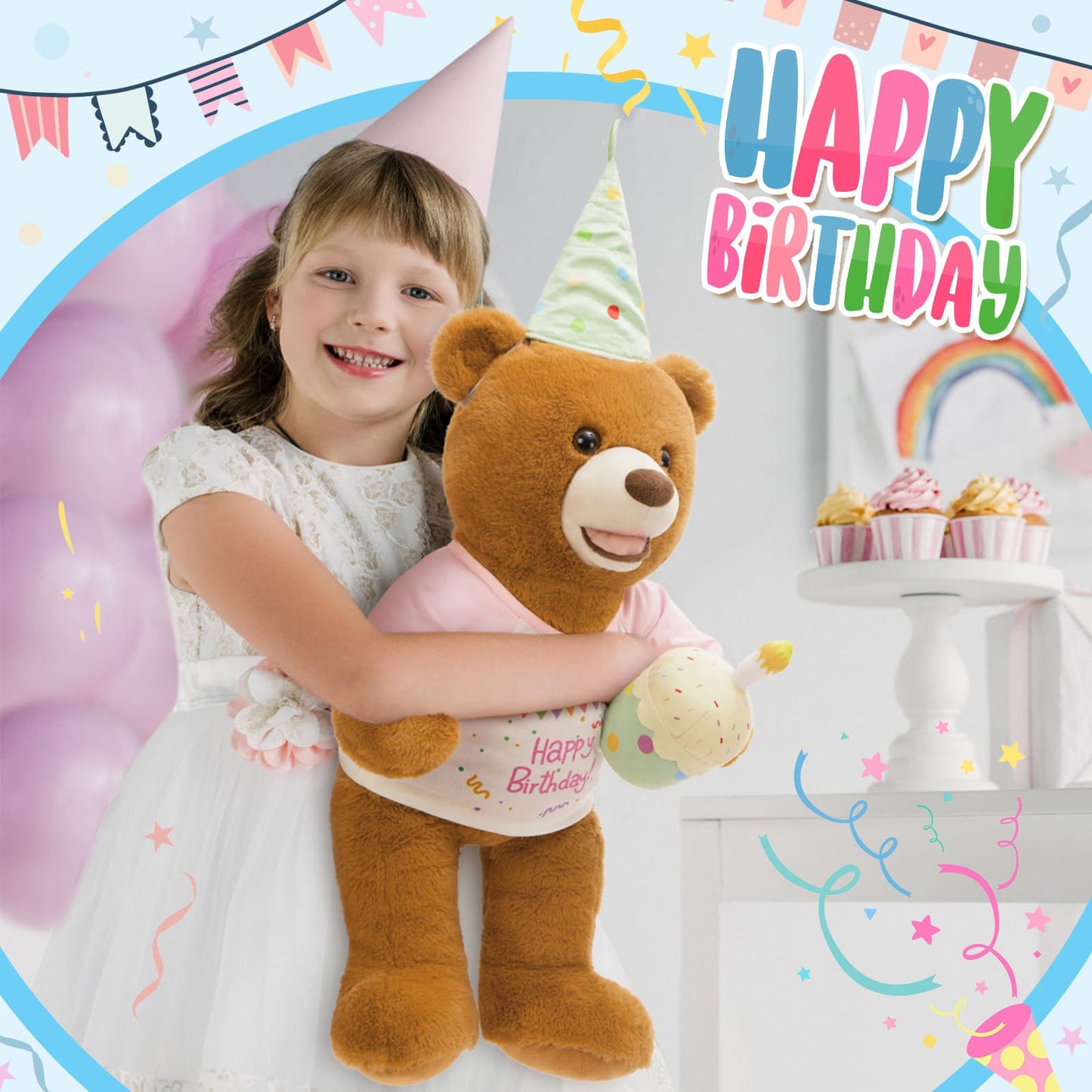 Happy Birthday Teddy Bear Plush Toys - Teddy Bear With Cake Stuffed Toys for Kids & Birthday Party Decor - Birthday Gift for Friends - Birthday Party Decorations - Bday Gift for Girls Boys - MorisMos Birthday Theme Stuffed Toys