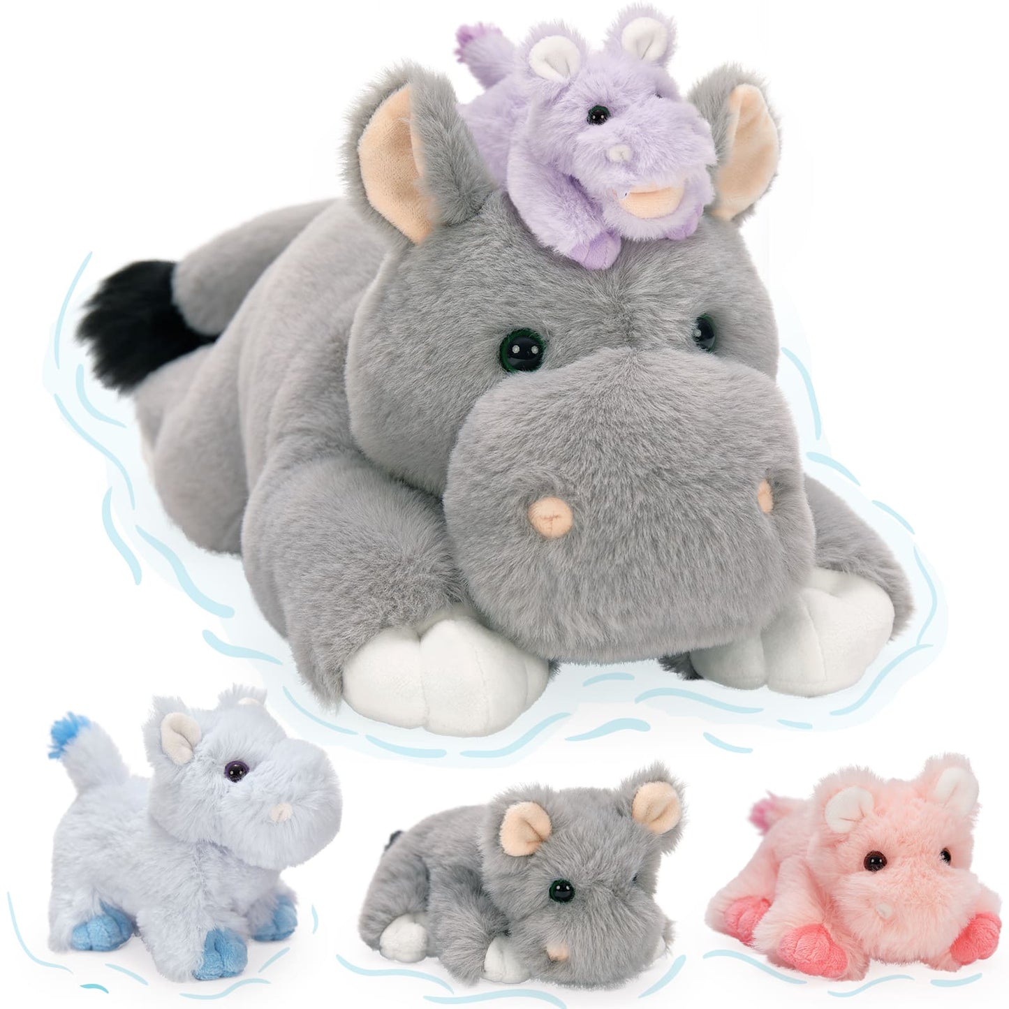 Hippo Stuffed Animals Bulk - 5 Pcs Hippopotamus Plush Toys - Stuffed Animal Babies with Their Mom - Hippo Plush Dolls - Stuffed Animals with Babies in the Belly - Christmas/Birthday/Baby Shower Gift for Kids Teens Adults