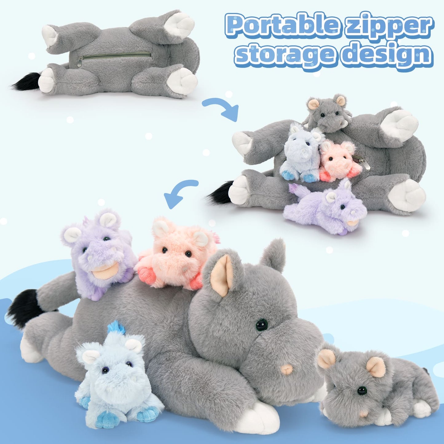 Hippo Stuffed Animals Bulk - 5 Pcs Hippopotamus Plush Toys - Stuffed Animal Babies with Their Mom - Hippo Plush Dolls - Stuffed Animals with Babies in the Belly - Christmas/Birthday/Baby Shower Gift for Kids Teens Adults