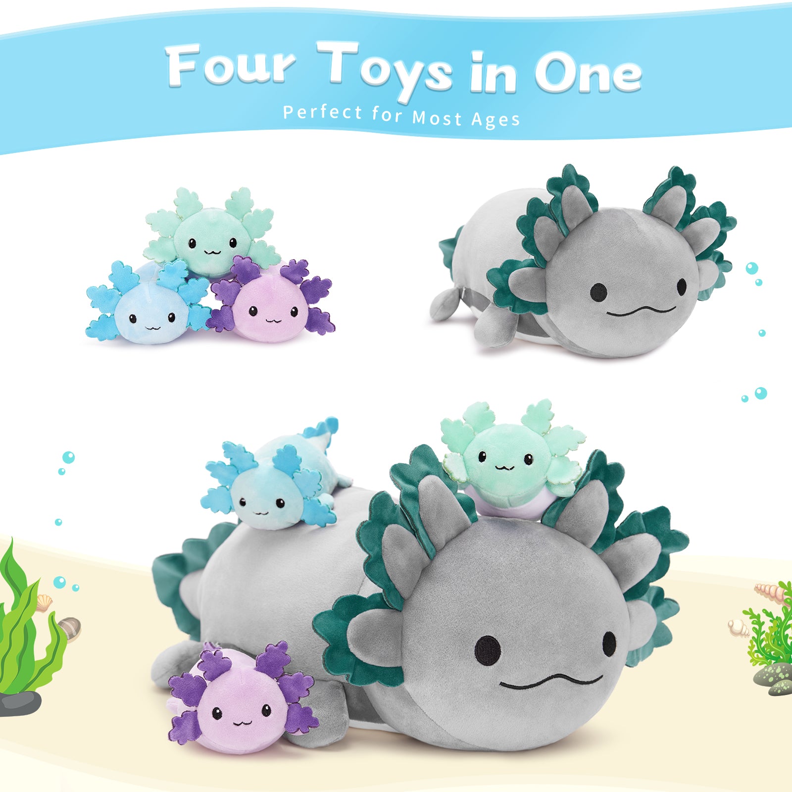 Peluche Axolotl avec 3 bébés, 23,5 pouces