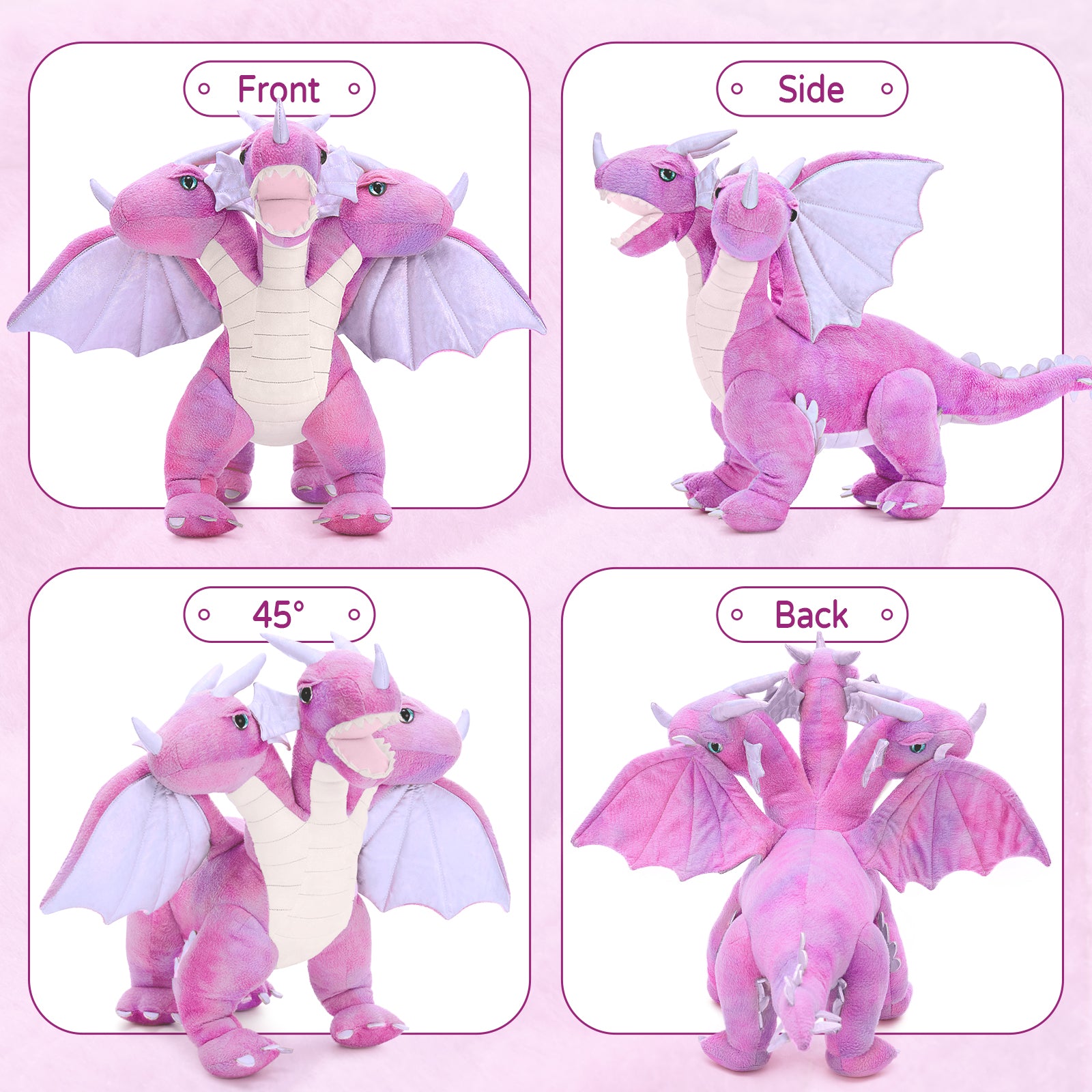 Triple-Headed Flying Dragon Plush Toys, Grey/Pink, 21.6 Inches