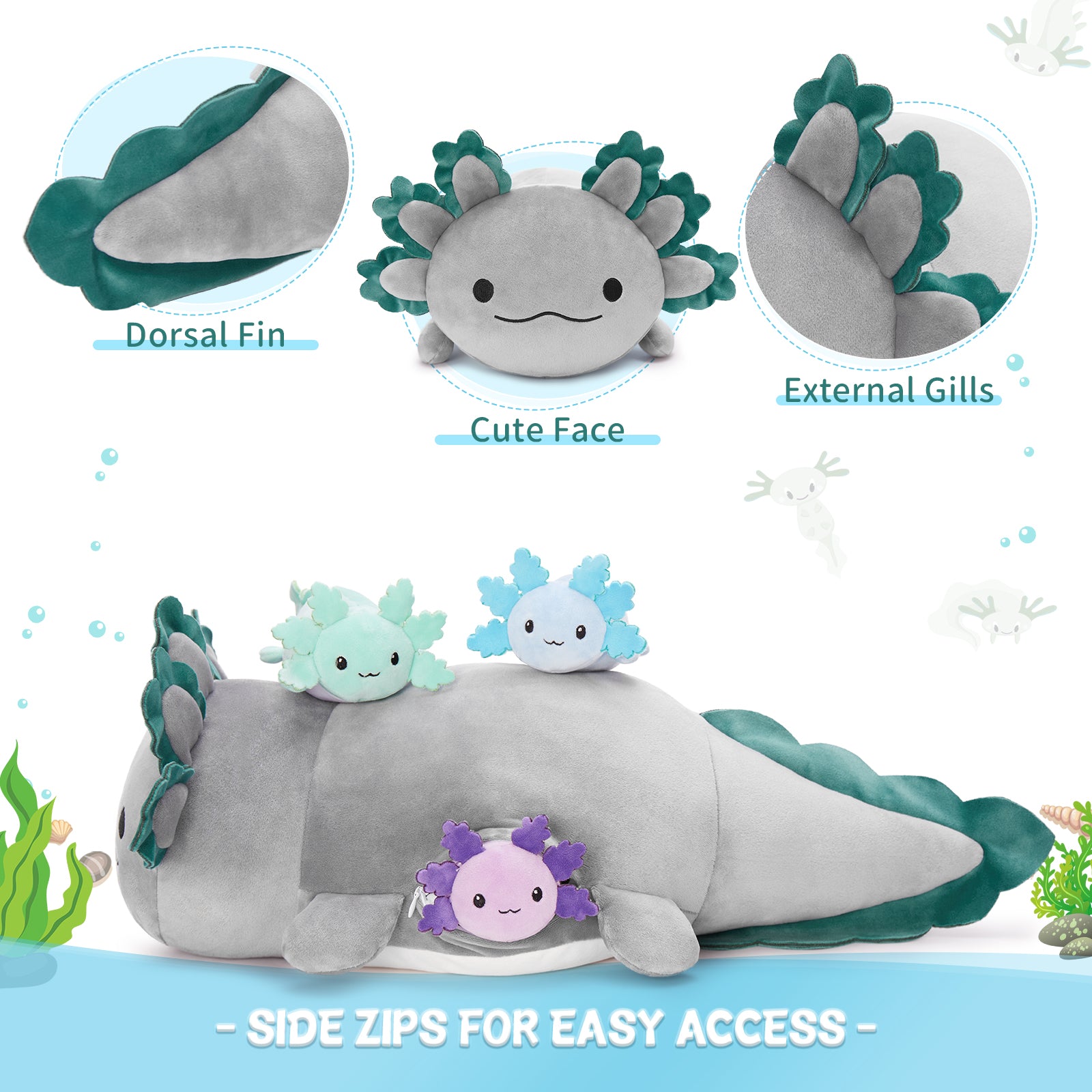 Peluche Axolotl avec 3 bébés, 23,5 pouces