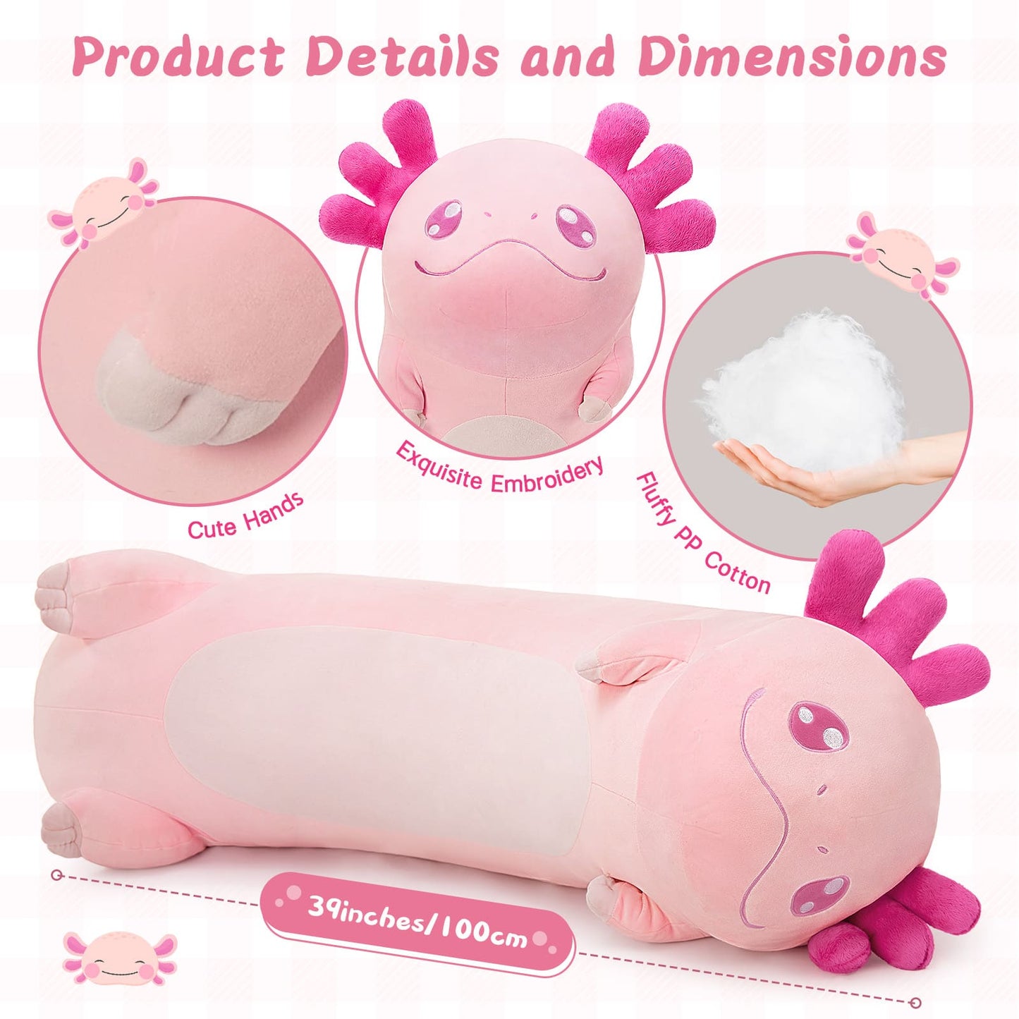 Giant Axolotl Cartoon Long Plush Pillow - Pink Axolotl Long Body Plush Pillows 39 Inches - Cozy Cartoon Pillows for Bed Sofa - Mother's Day Gift Ideas - Birthday Gift for Friends - Christmas Day Gift for Girls - Big Long Body Pillow 100 CM