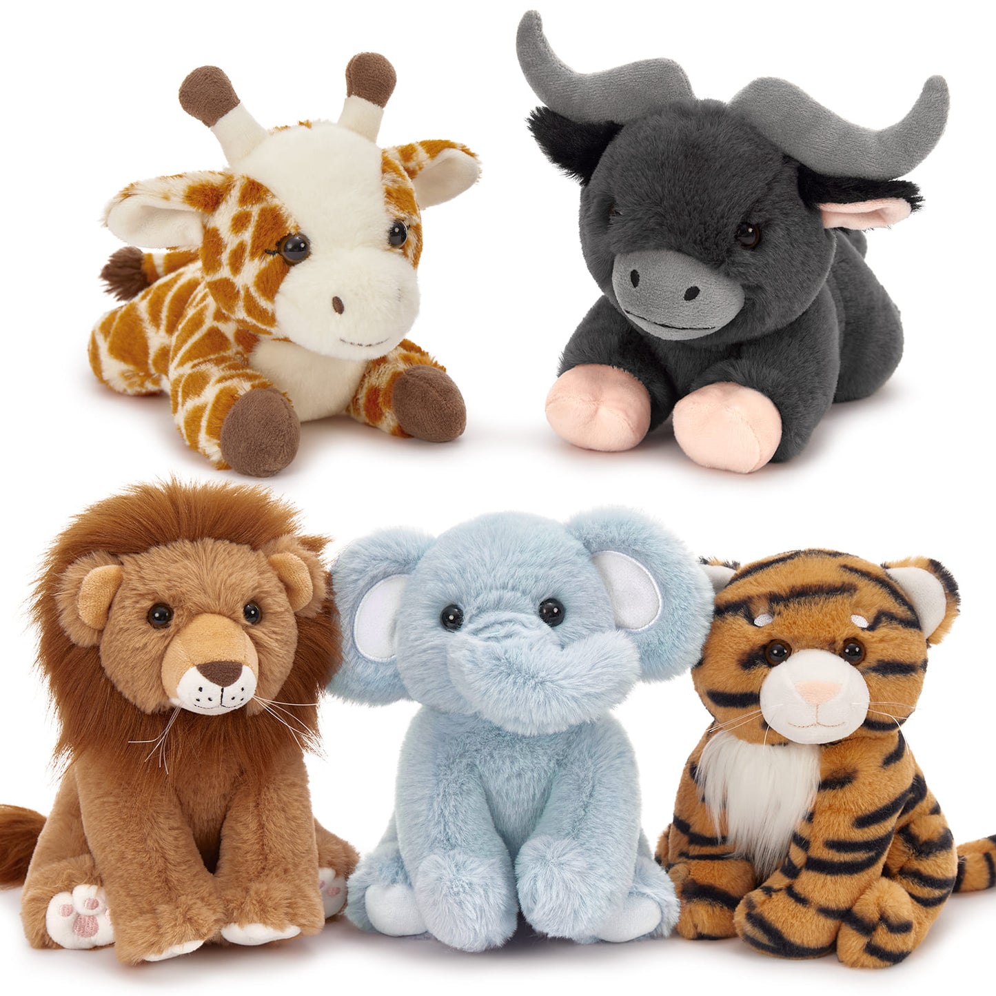 5 Pcs Jungle Stuffed Animals Bulk - 8.5 Inches Mini Safari Plush Toys - Elephant/Tiger/Lion/Giraffe/Highland Cow Forest Plush Dolls - Cute Jungle Plush Dolls for Kids 3+