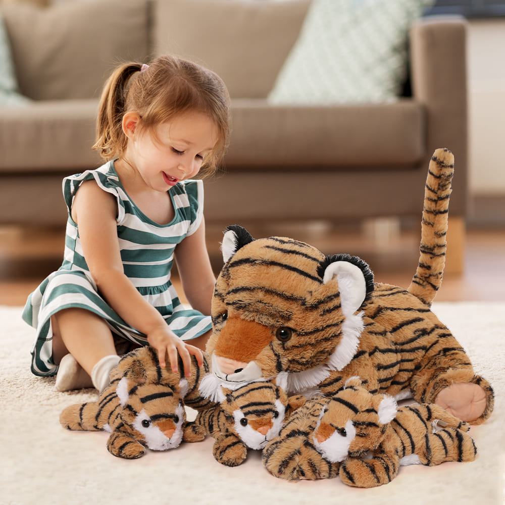 Jungle Tiger Stuffed Animals - Safari Tiger Plush Toys - 4 Pcs Tiger Stuffed Animals - Realistic Tiger Plush Dolls - Cute Cartoon Tiger Plush Pillows for Kids - Christmas/Birthday Gift for Kids - Stuffed Animal Babies with their Mom