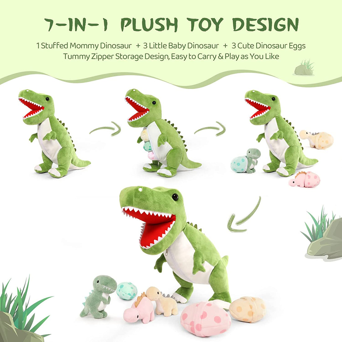 Dinosaur Stuffed Toy with 3 Baby Dinosaurs, Green/Pink, 23.6 Inches ...