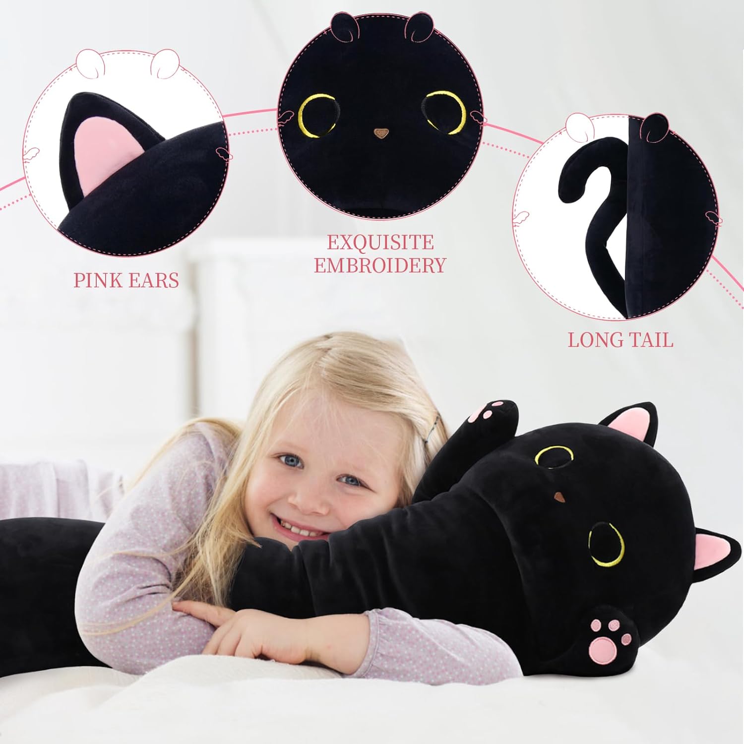 Black Cat Stuffed Animals Cat Long Throw Pillow, 43 Inches
